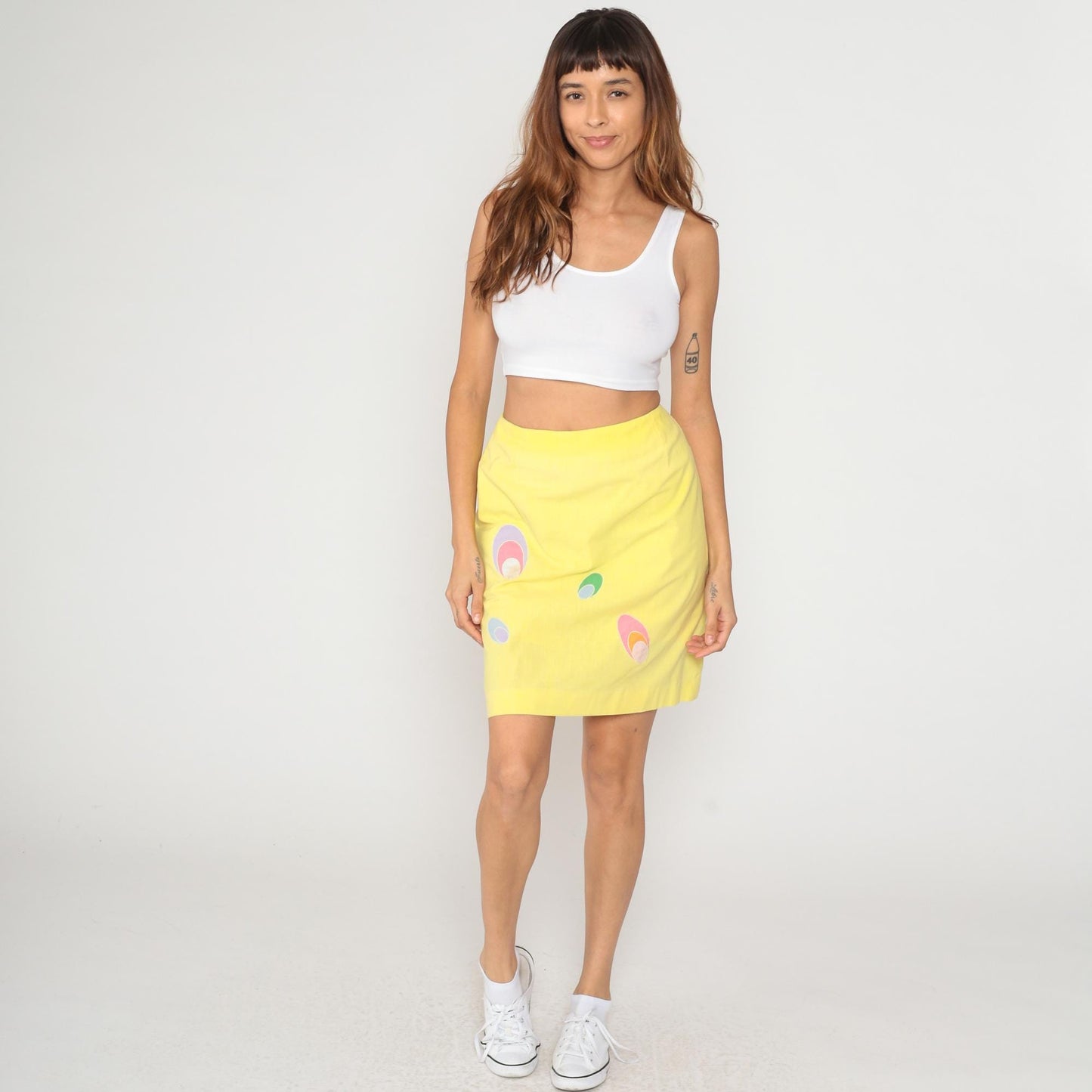 70s Yellow Mini Skirt Abstract Oval Pattern A-Line Cotton Small S
