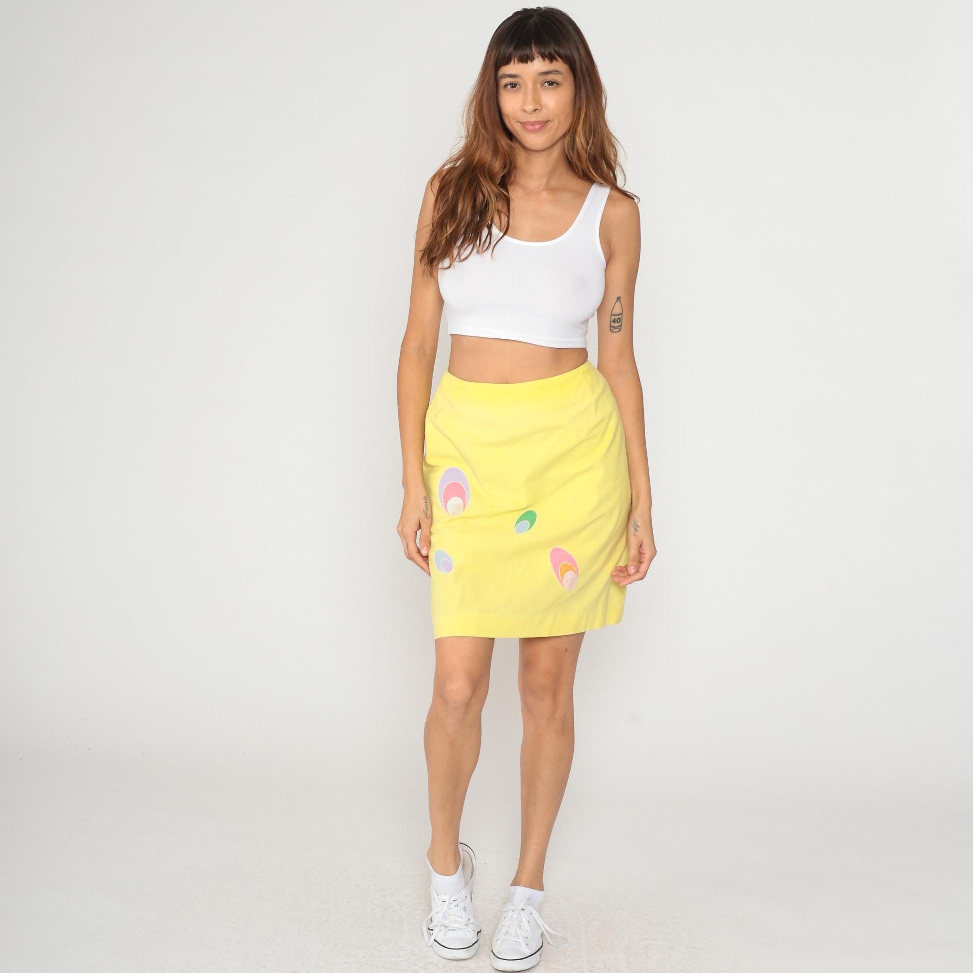 70s Yellow Mini Skirt Abstract Oval Pattern A-Line Cotton Small S