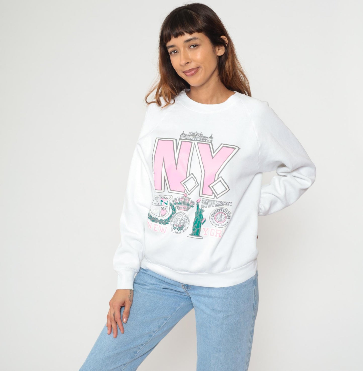 90s New York Sweatshirt Statue of Liberty Graphic White Pink Cotton Large L