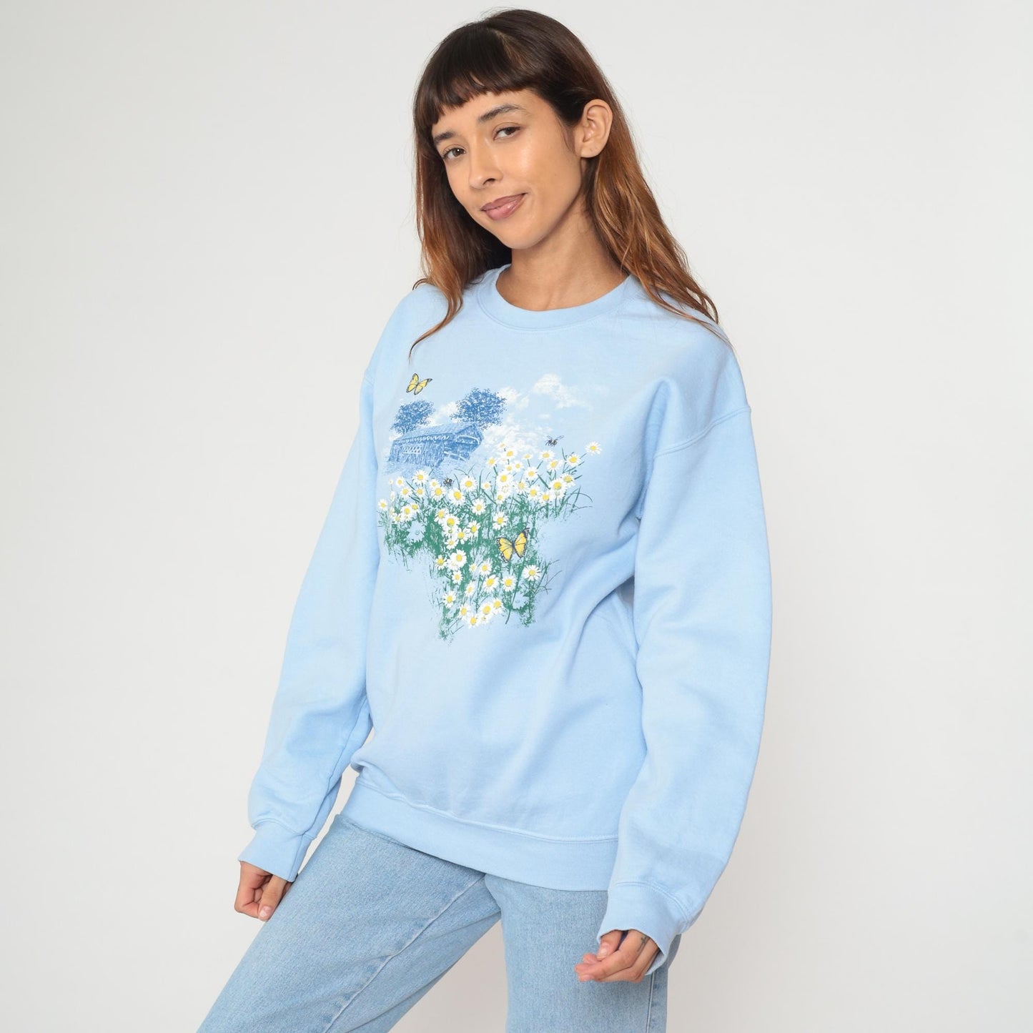 90s Light Blue Floral Sweatshirt Daisy Butterfly Covered Bridge Medium M