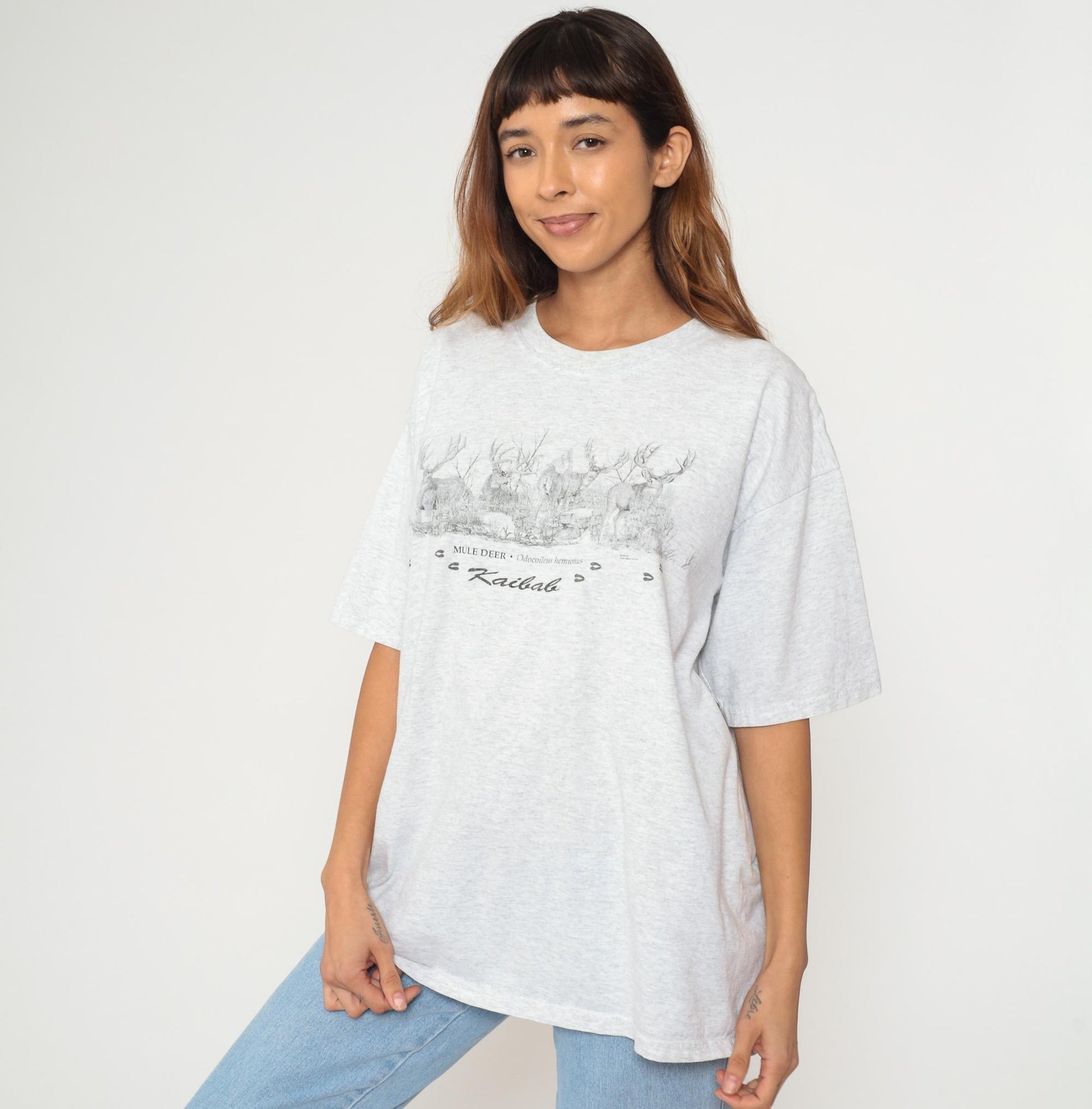 90s Mule Deer Kaibab Graphic T-Shirt Grey Cotton Wildlife Tee Extra Large XL