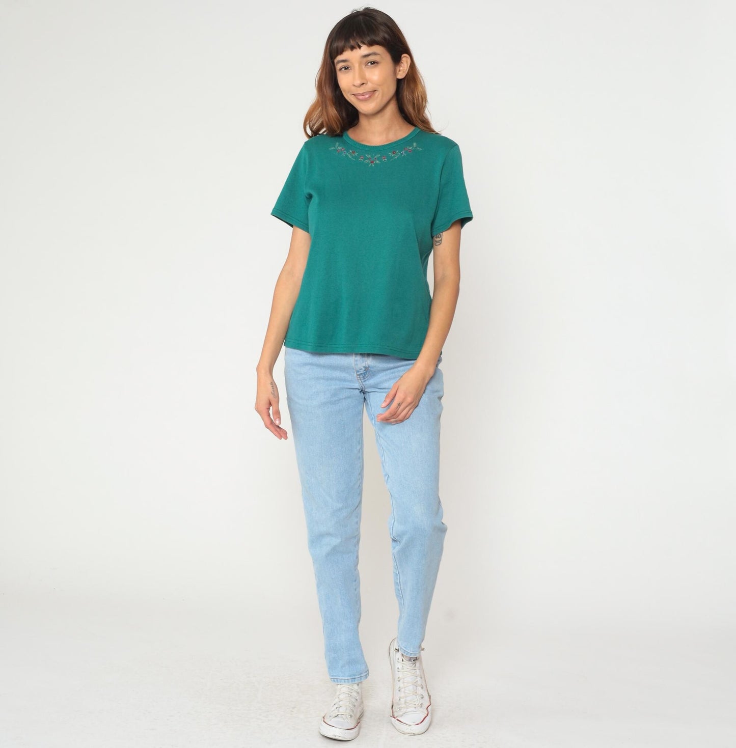 90s Teal Embroidered Floral T-Shirt Cotton Crew Neck Short Sleeve Large L