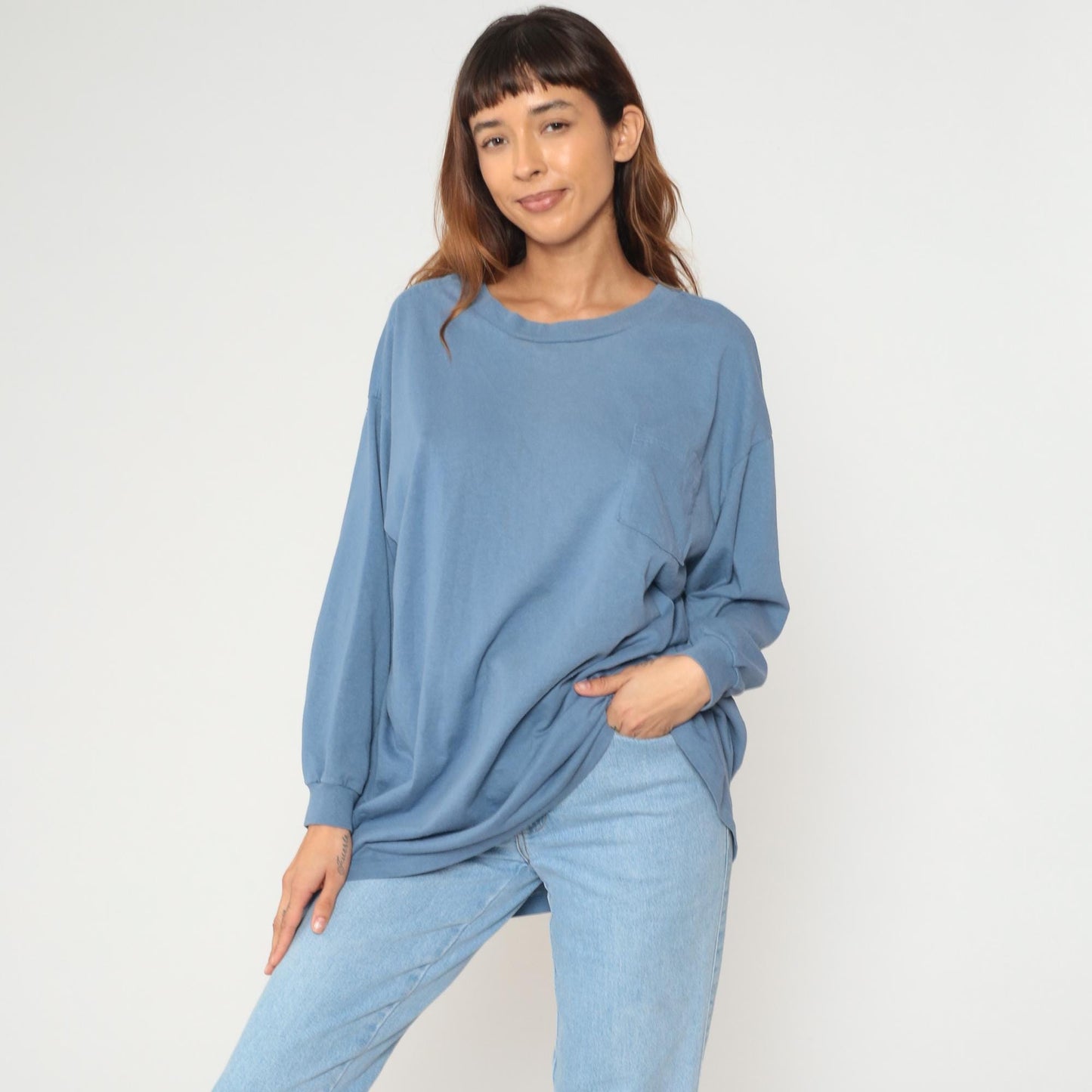 90s Roamans Slate Blue Long Sleeve Work Shirt Chest Pocket Tunic Extra Large XL