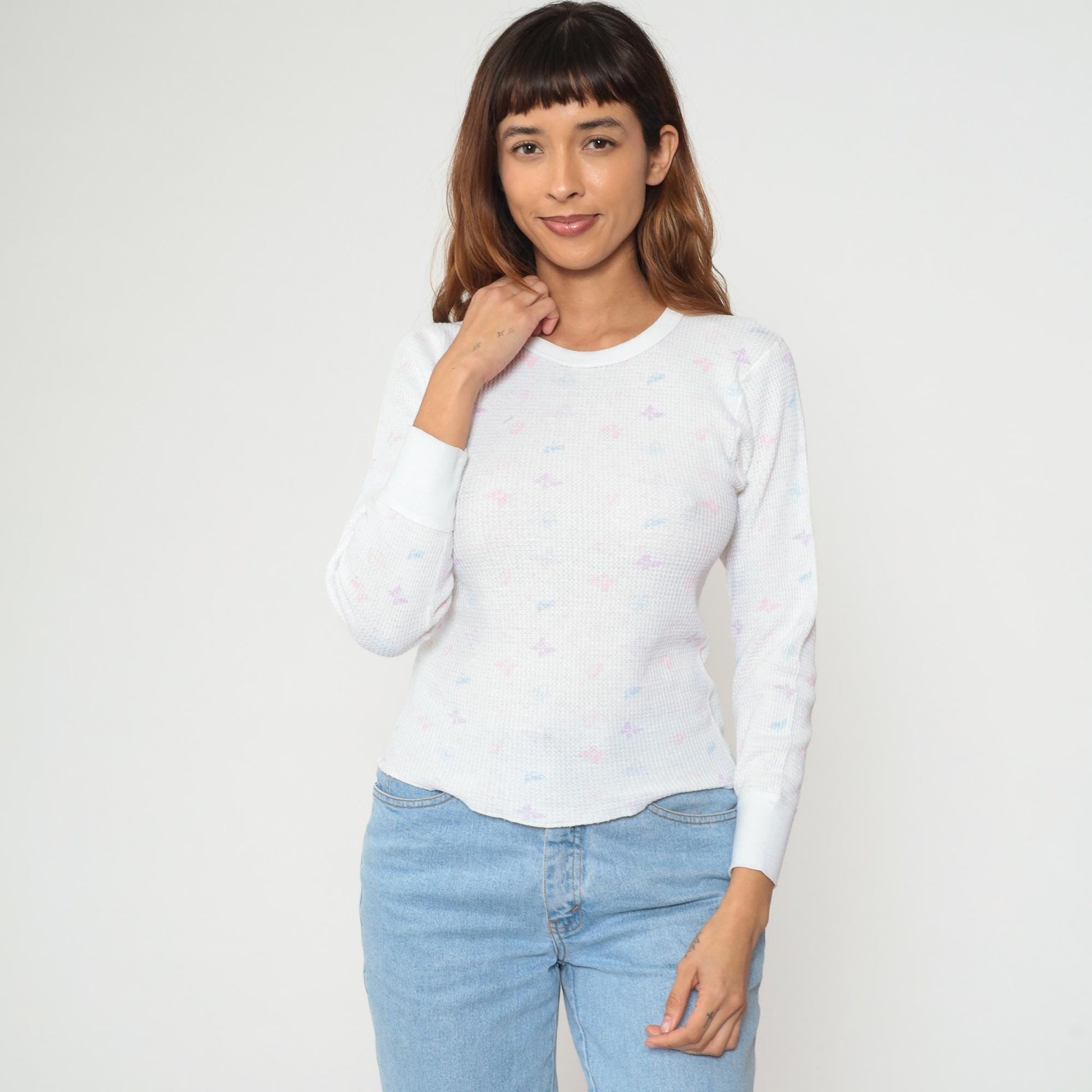 80s High Sierra Butterfly Thermal Waffle Knit Long Sleeve Tee White Medium