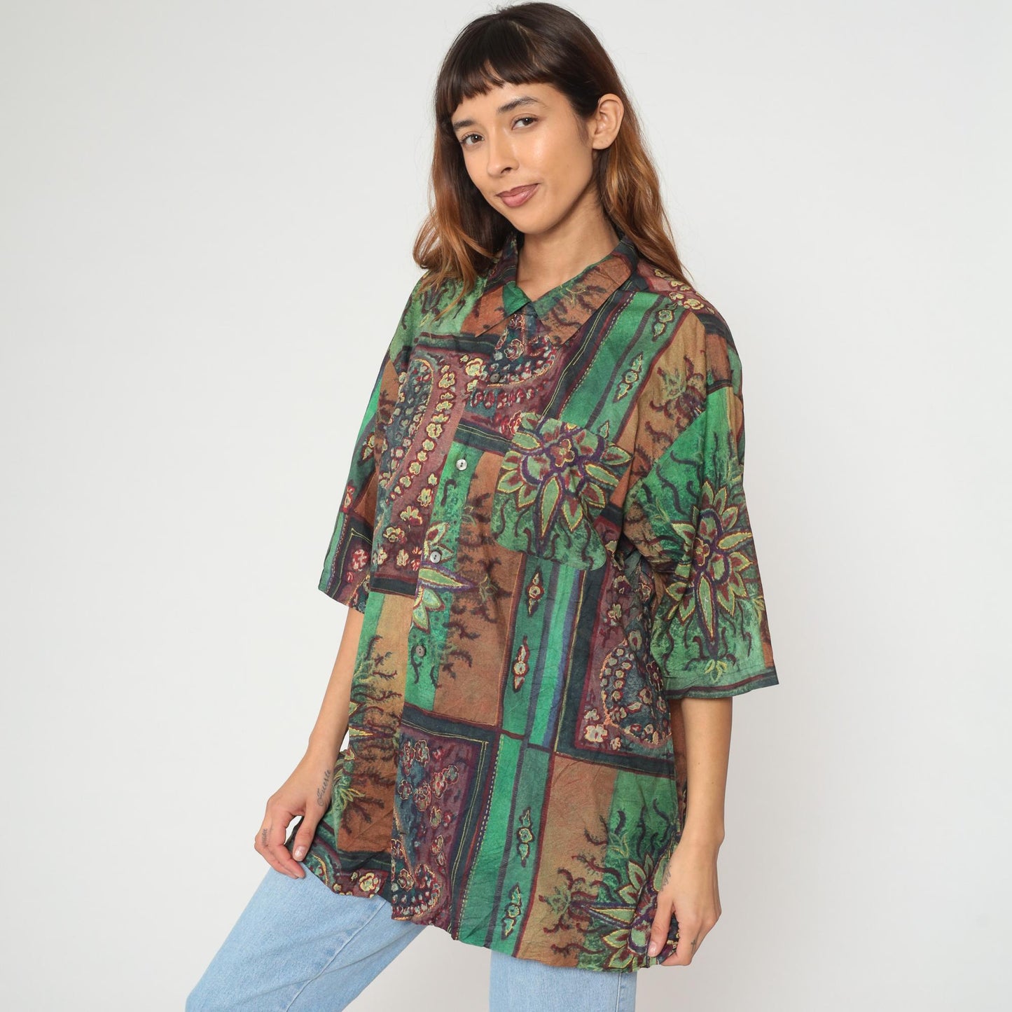 90s Barry Bricken Patchwork Floral Button Shirt Cotton Tunic Extra Large XL
