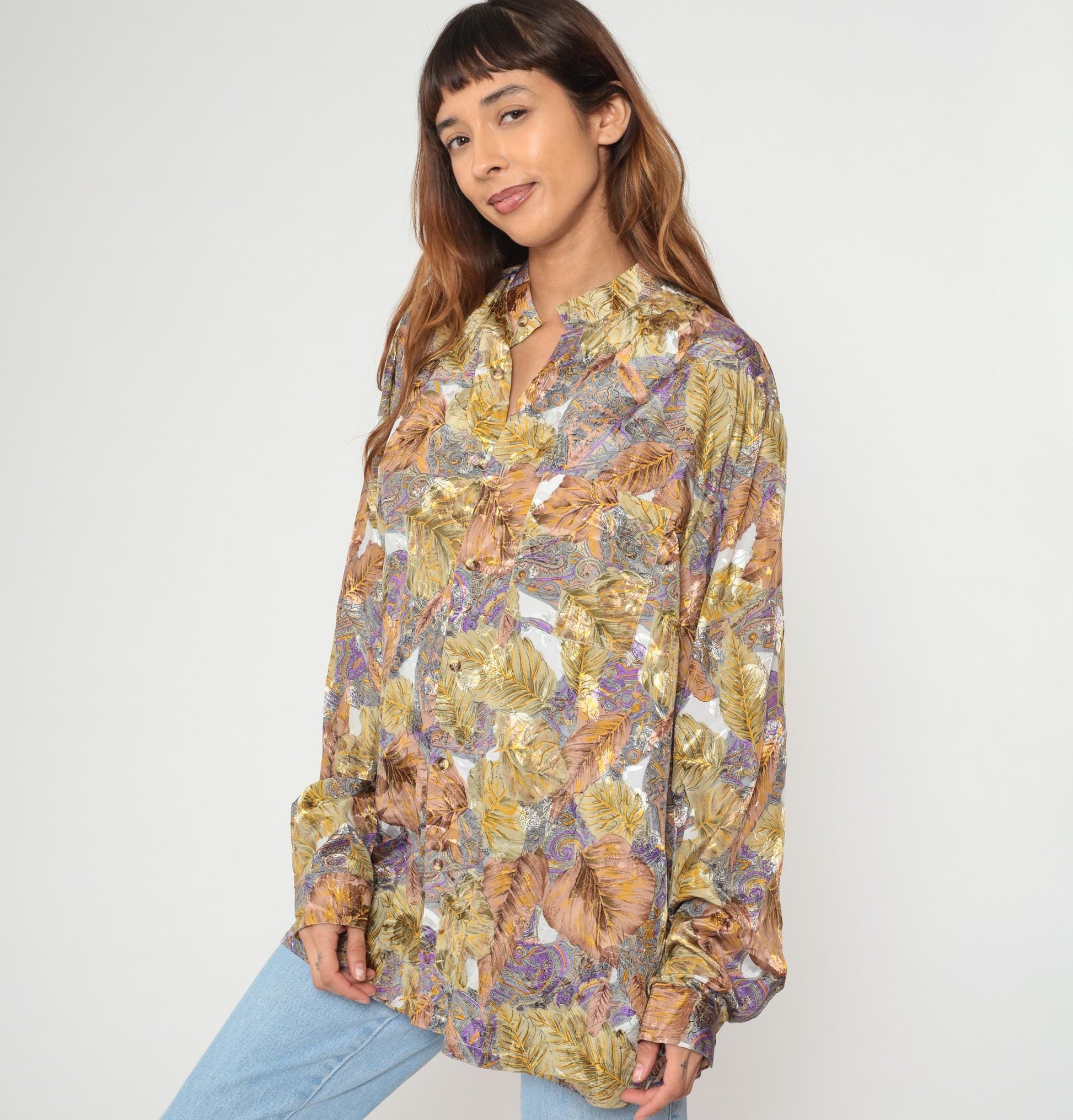 80s Leaf Paisley Button Blouse Purple Gold Brown Cream Extra Large XL