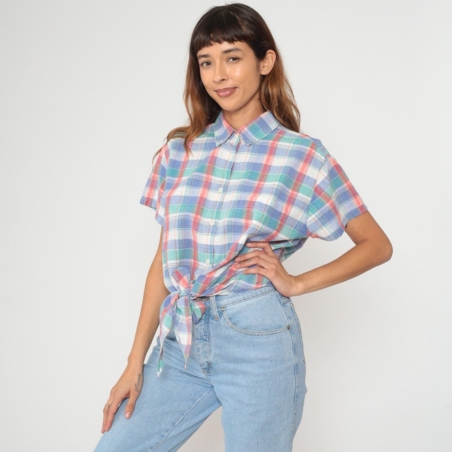 90s Sorrel Plaid Cropped Shirt Cotton Blue Green Pink White Checkered Large
