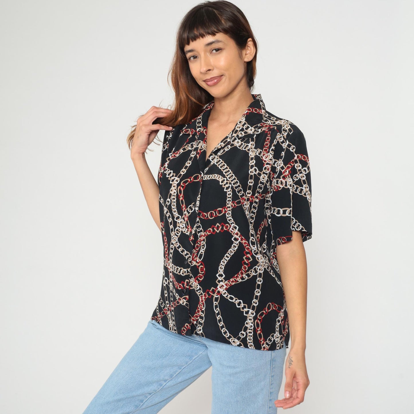 90s Donnkenny Chain Link Print Blouse Black White Red Short Sleeve Large L