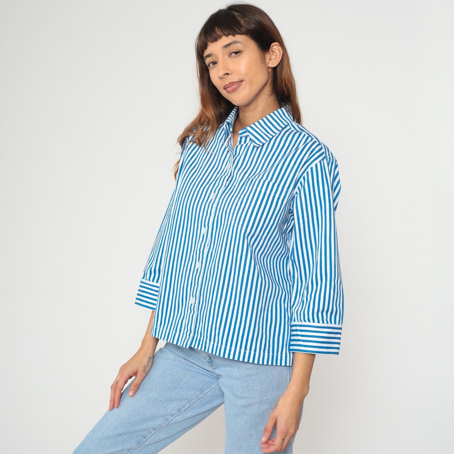 Y2K Norm Thompson Blue White Striped Cotton Blouse Cropped Large L