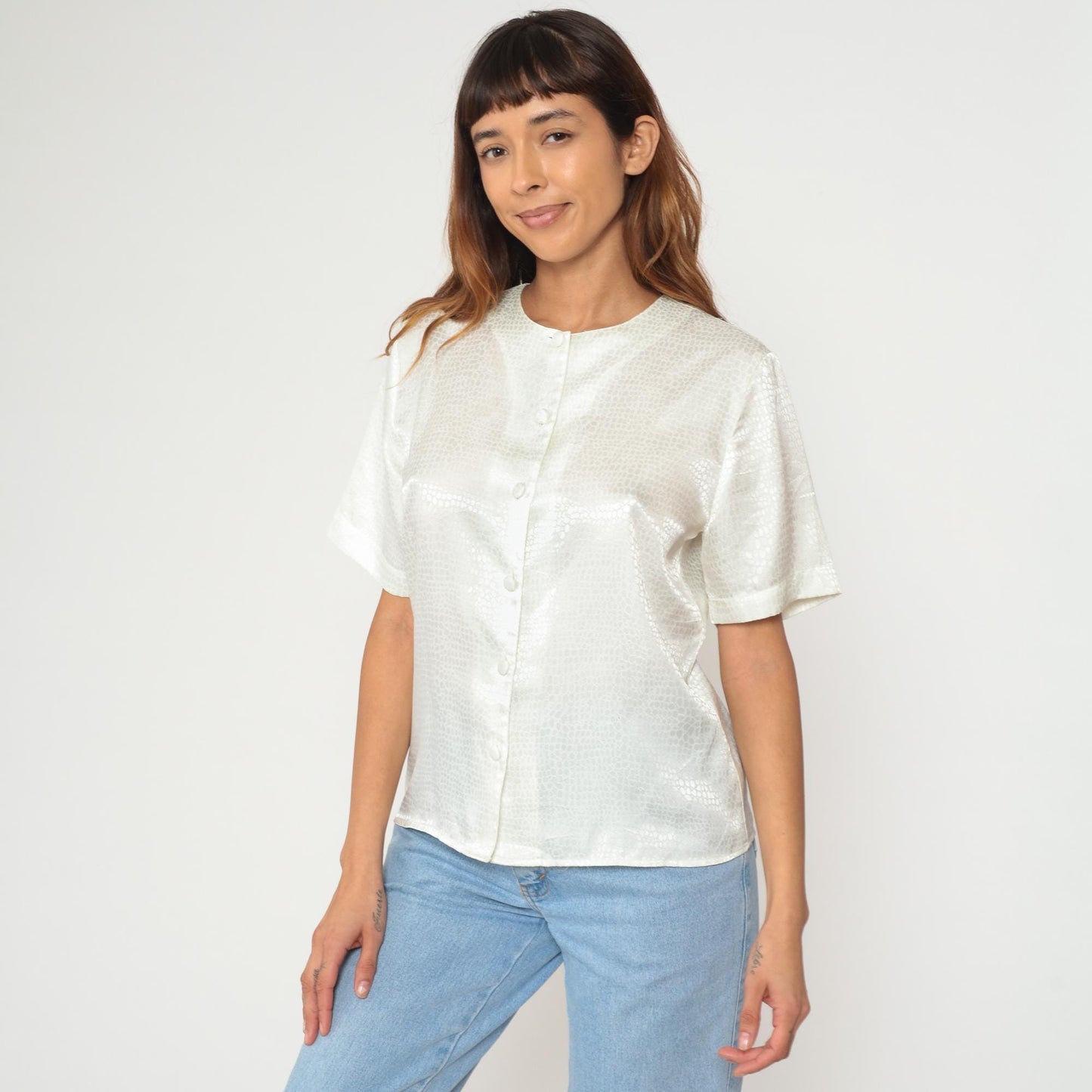 90s Tess Alligator Print Button-Up Blouse Cream Short Sleeve Medium M
