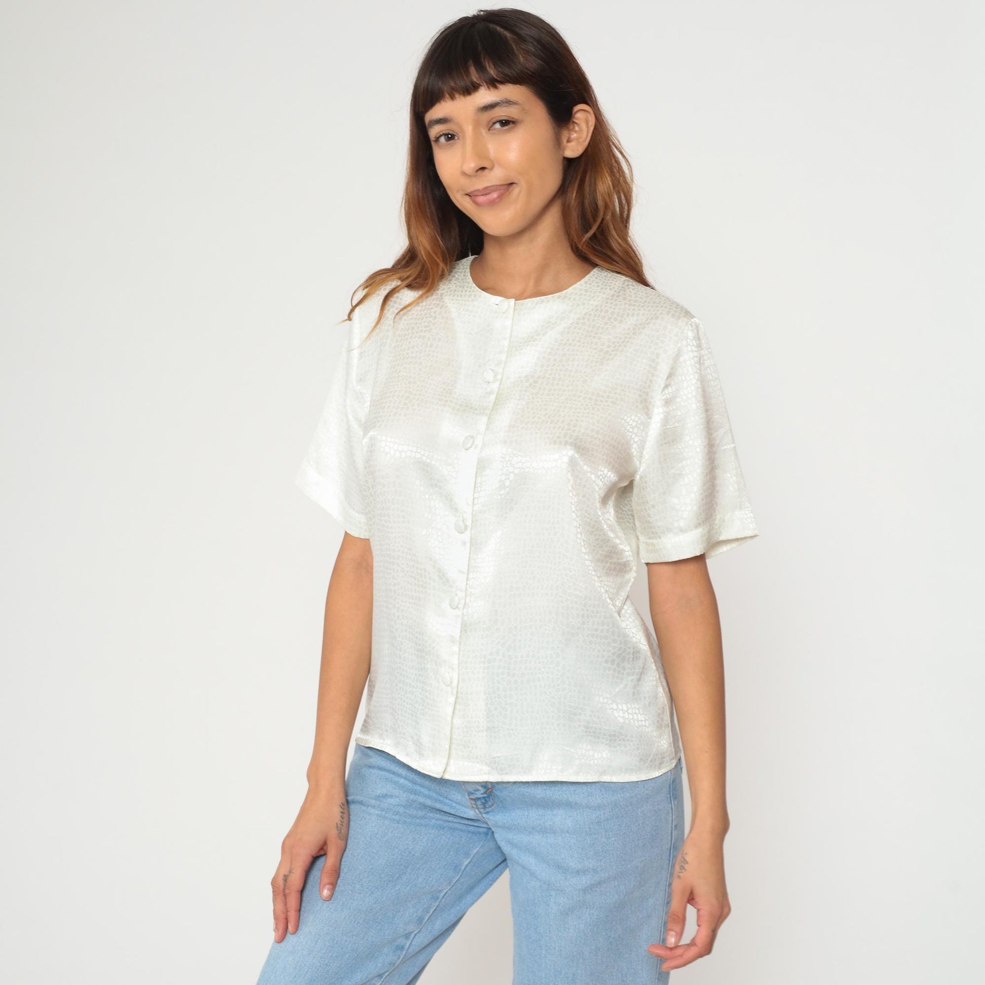 90s Tess Alligator Print Button-Up Blouse Cream Short Sleeve Medium M