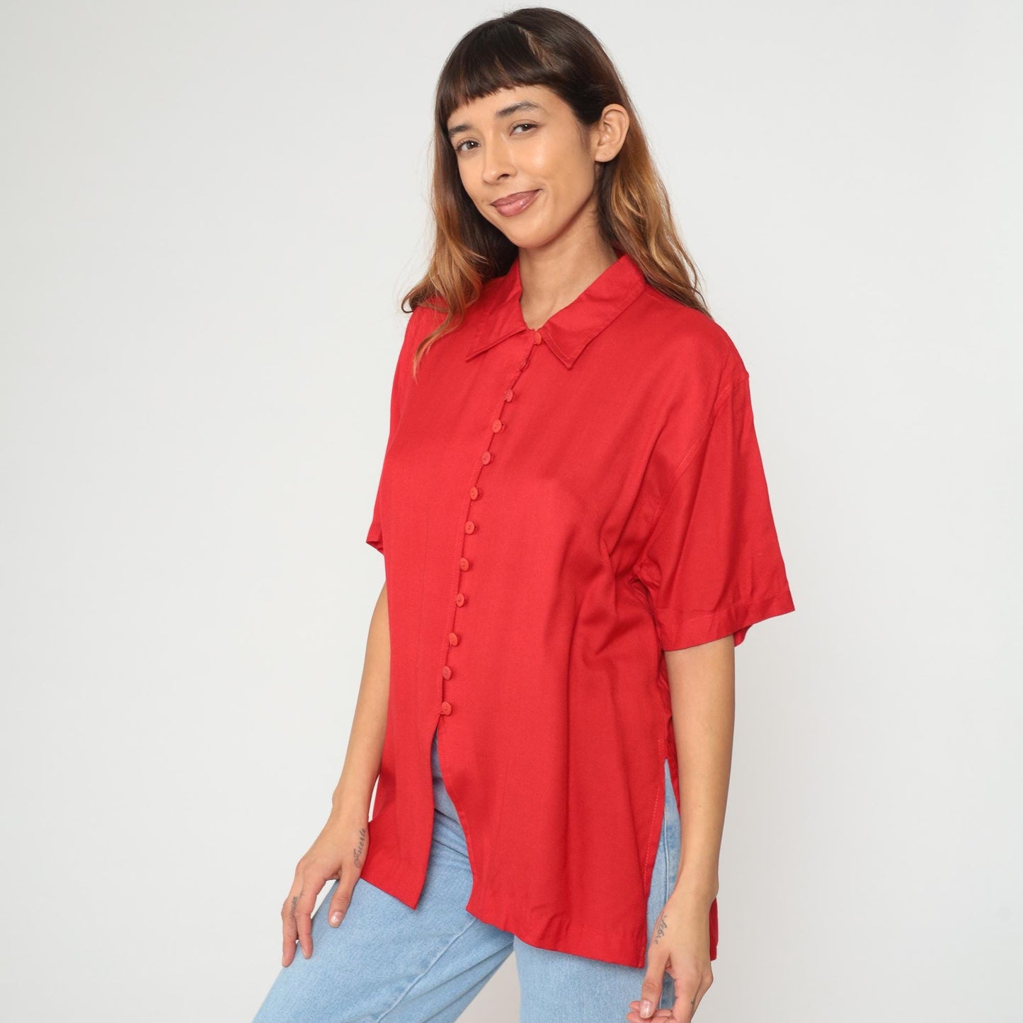 90s Rhythms Red Rayon Button-Up Shirt Pointed Collar Short Sleeve Medium M
