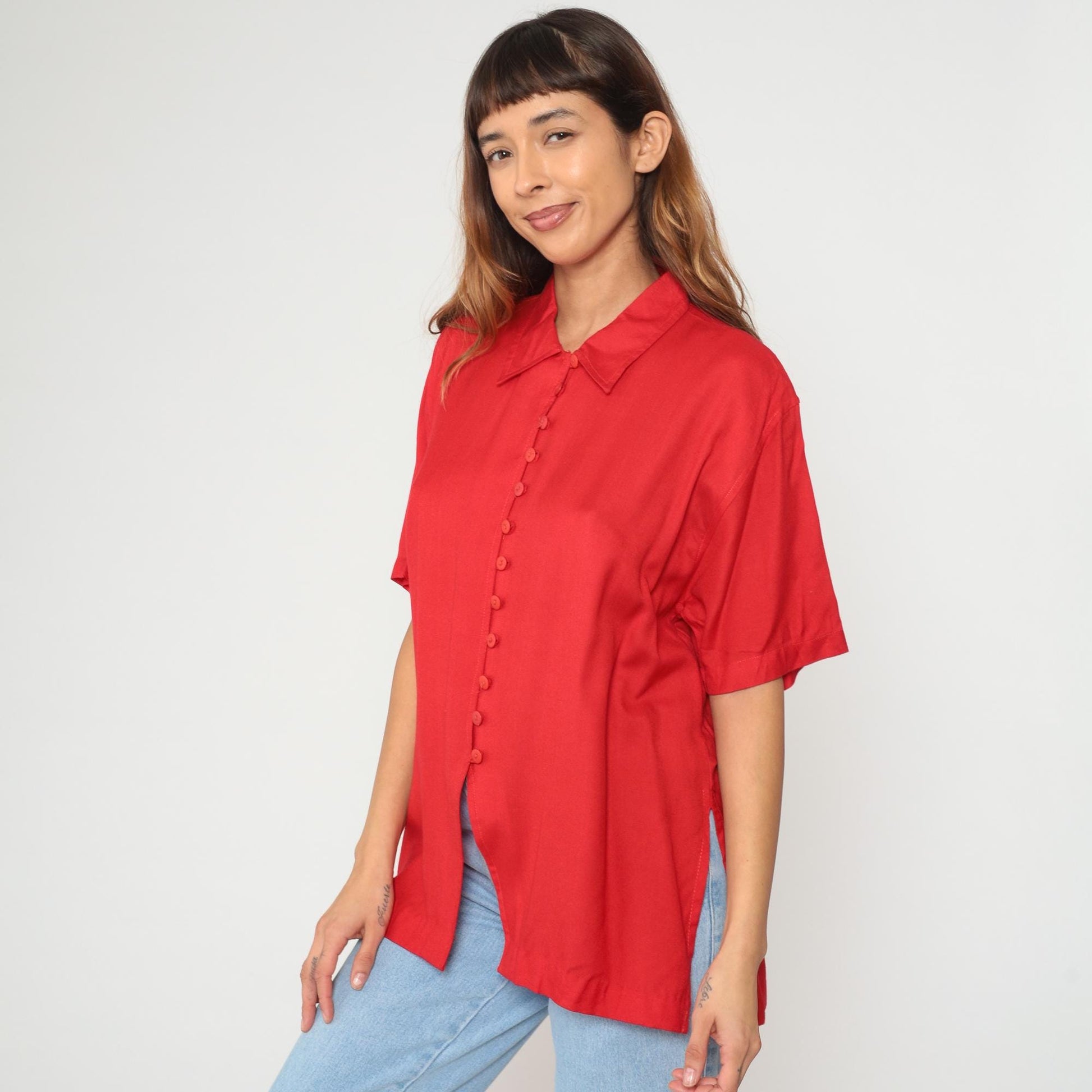 90s Rhythms Red Rayon Button-Up Shirt Pointed Collar Short Sleeve Medium M