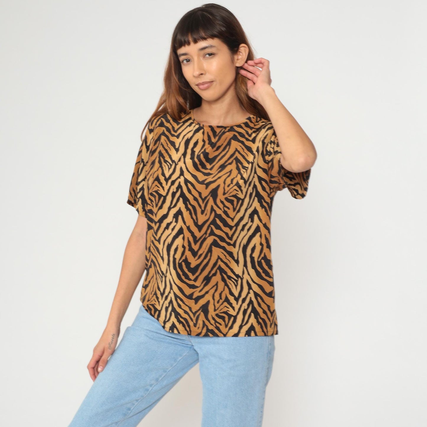 90s Kathie Lee Tiger Stripe Blouse Tan Black Short Sleeve Medium M
