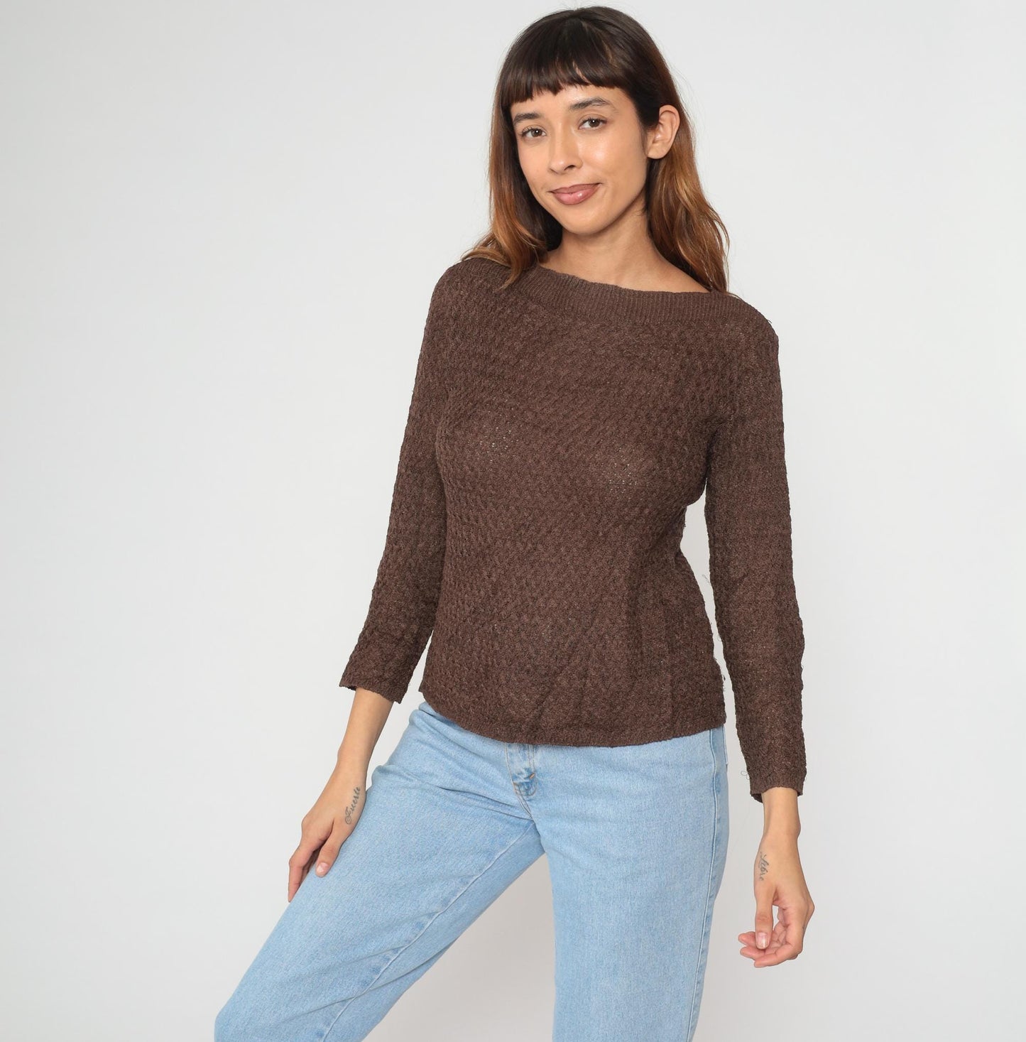 90s Brown Knit Sweater Boat Neck Coral Button Pullover Medium M