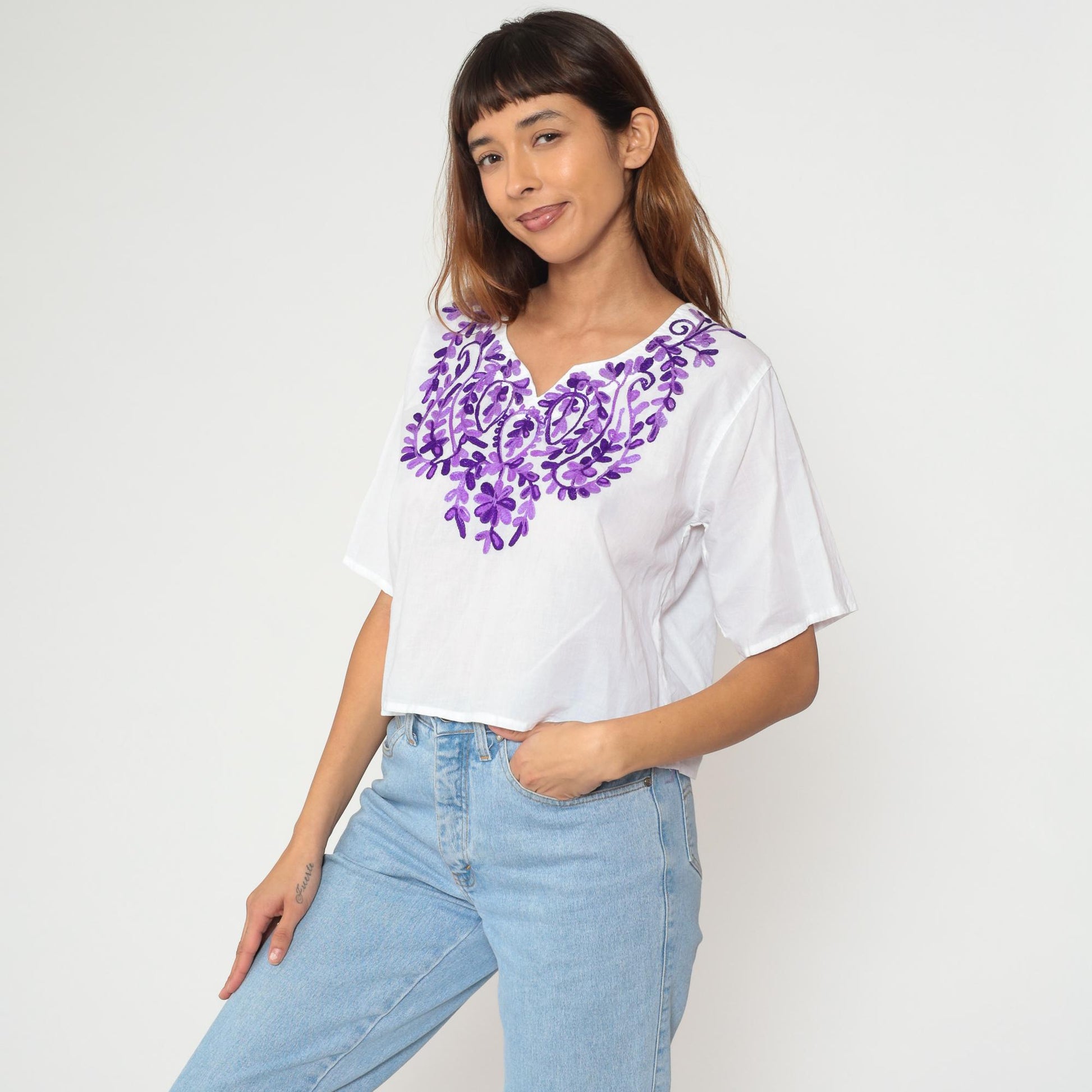 Y2K Mexican Embroidered Cotton Crop Top White Purple Floral Medium M