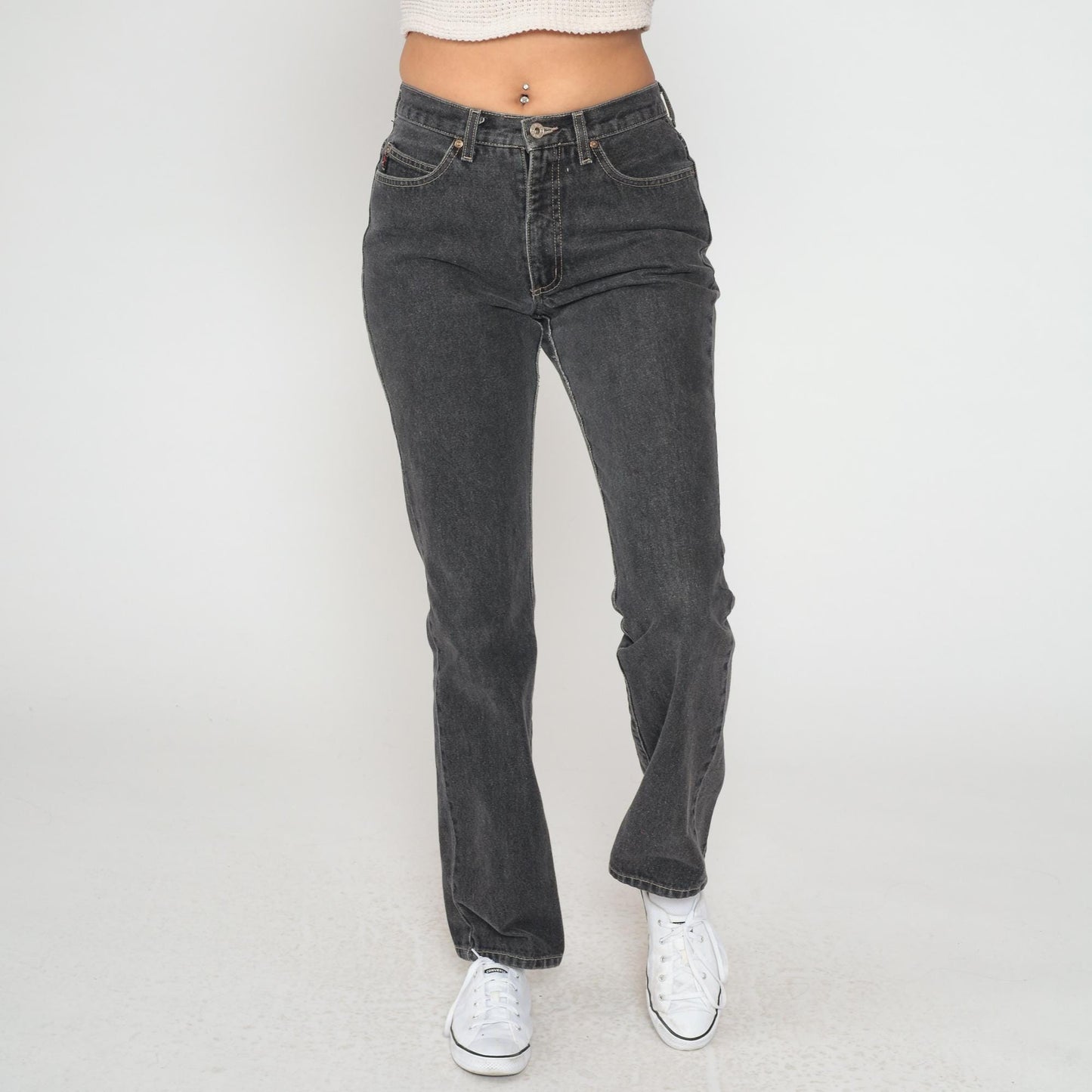 90s Guess Black Straight Leg Jeans High Waist Denim Yellow Stitching Size 29
