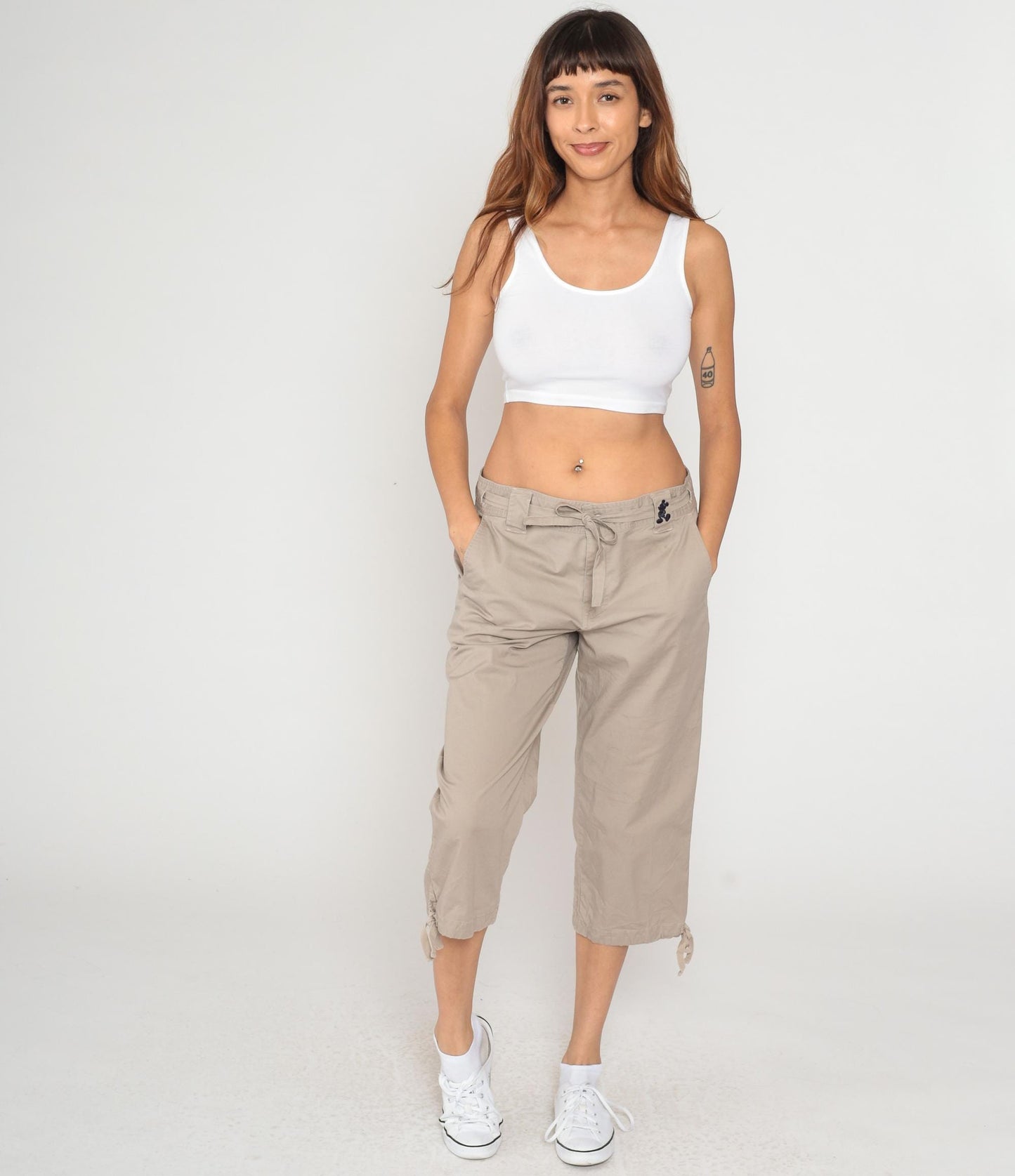 Y2K Mickey Mouse Disney World Cargo Capri Pants Beige Cotton Large L