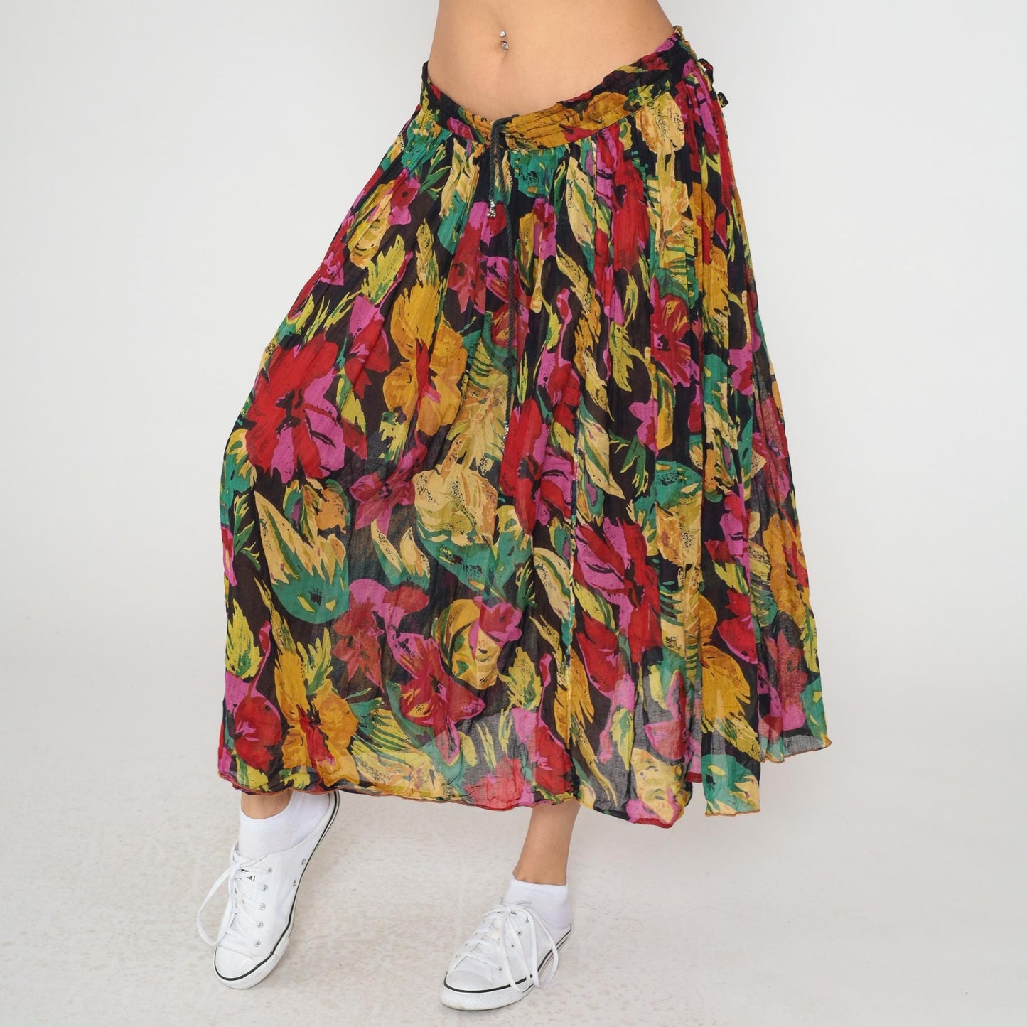 90s Tropical Floral Midi Skirt Cotton Gauze Elastic Waist Multicolor Large