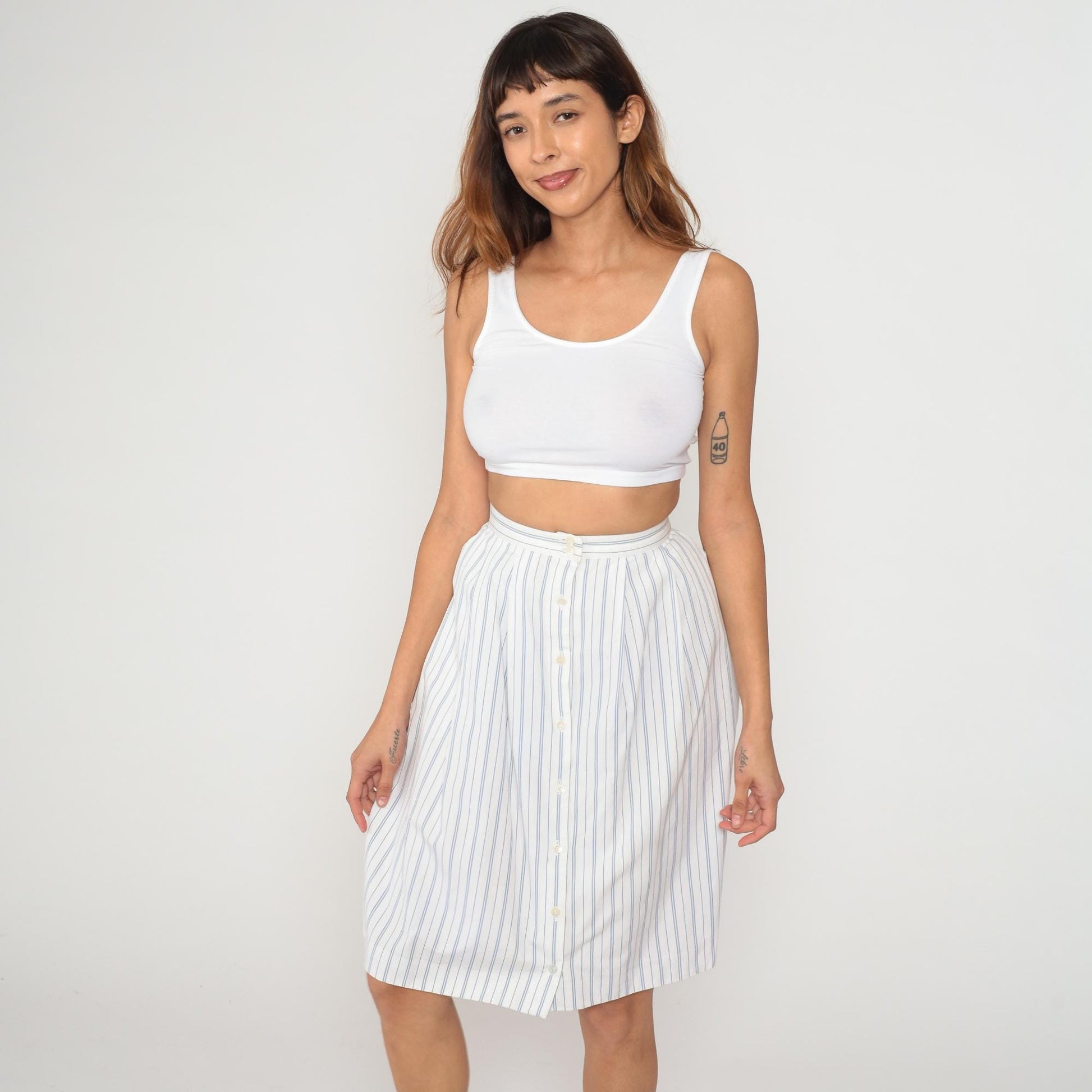 90s Hunters Run White Blue Striped A-Line Skirt Cotton Extra Small XS