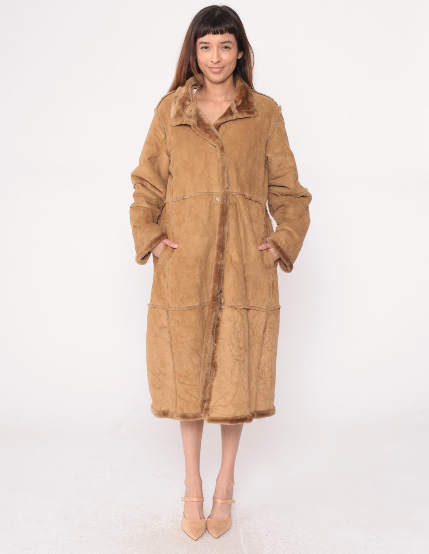 Y2K St Johns Bay Tan Faux Shearling Coat Fur-Trimmed Collar Petite Large