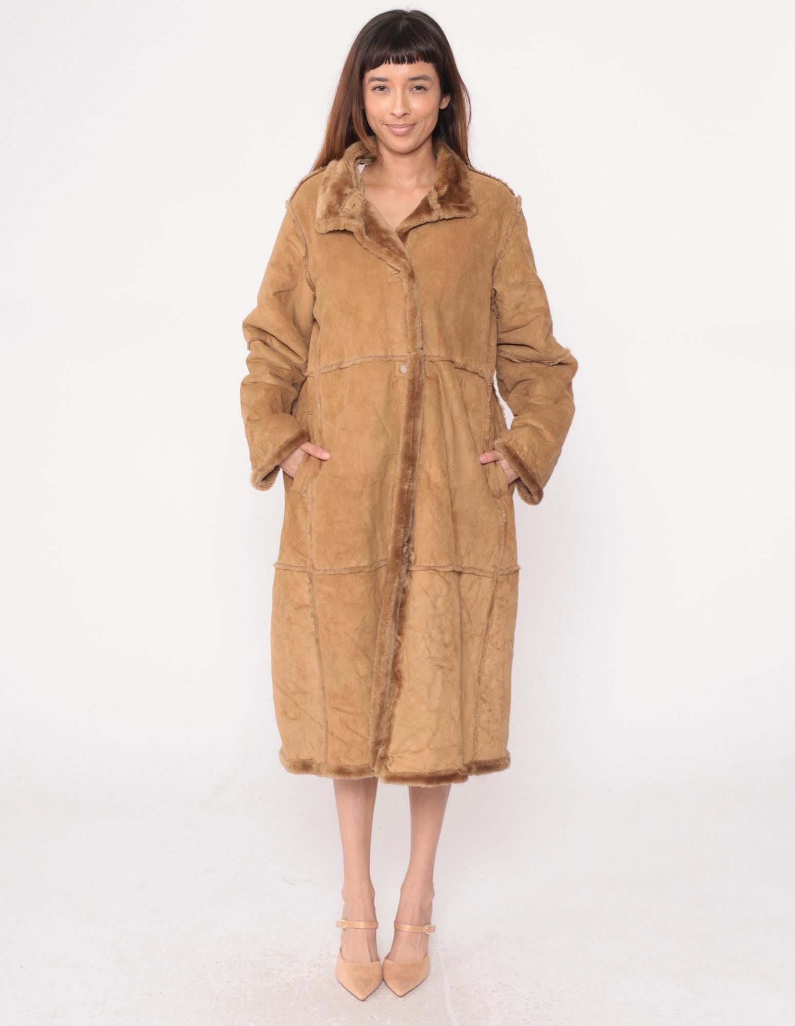 Y2K St Johns Bay Tan Faux Shearling Coat Fur-Trimmed Collar Petite Large