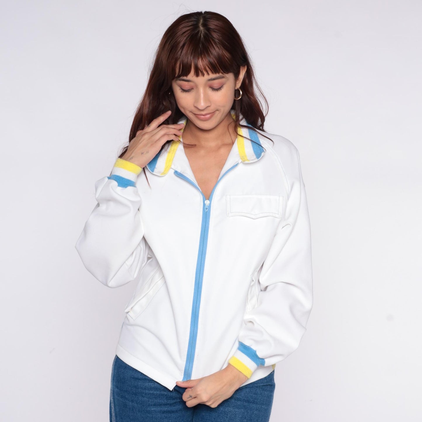 80s Sportsmaster Track Jacket White Windbreaker Blue Yellow Stripe Small