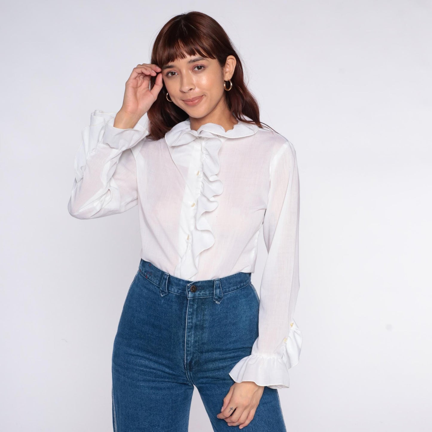 70s Fritzi White Ruffled Collar Cotton Blouse Medium M