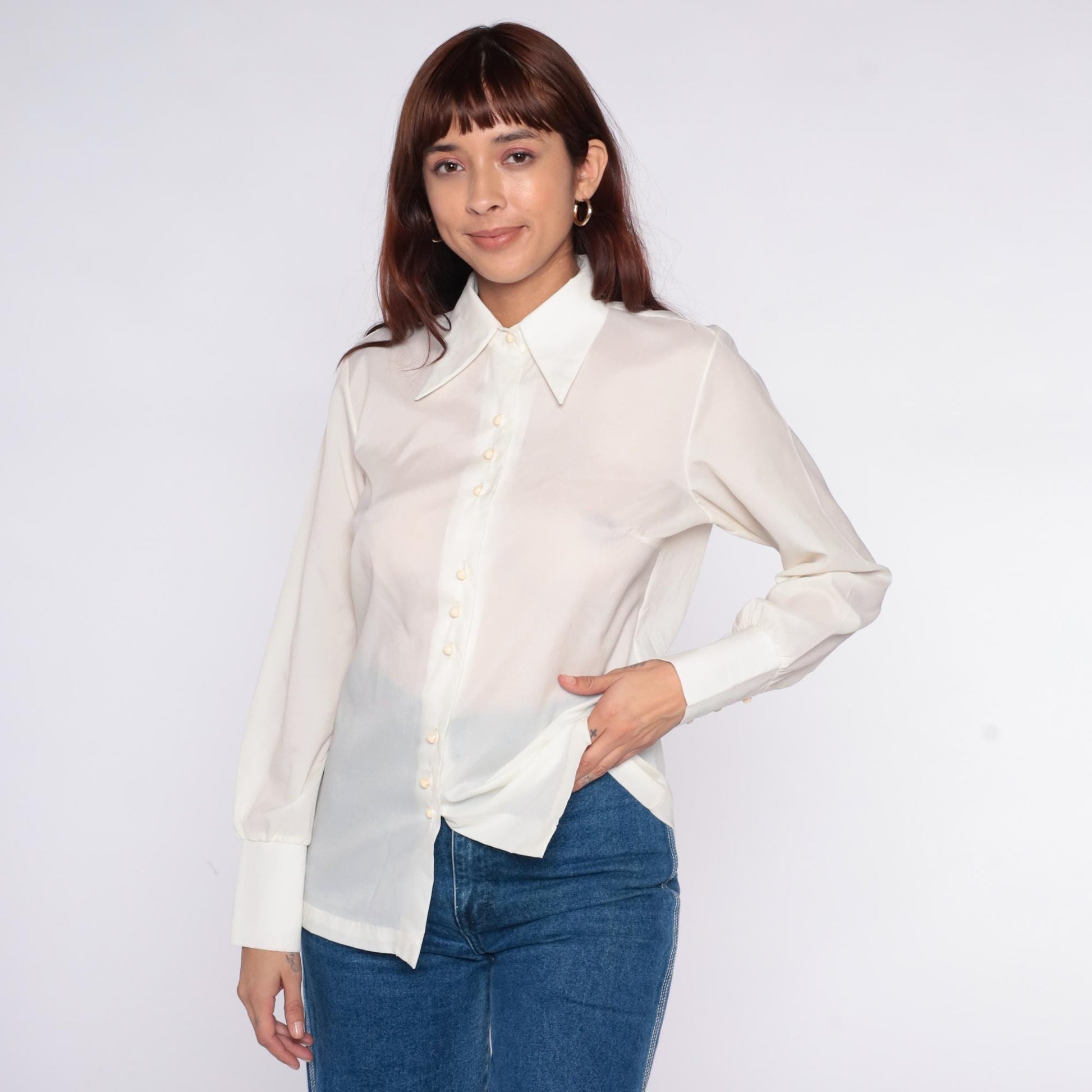70s Cream Pointed Collar Button-Up Shirt Long Sleeve Semi-Sheer Medium