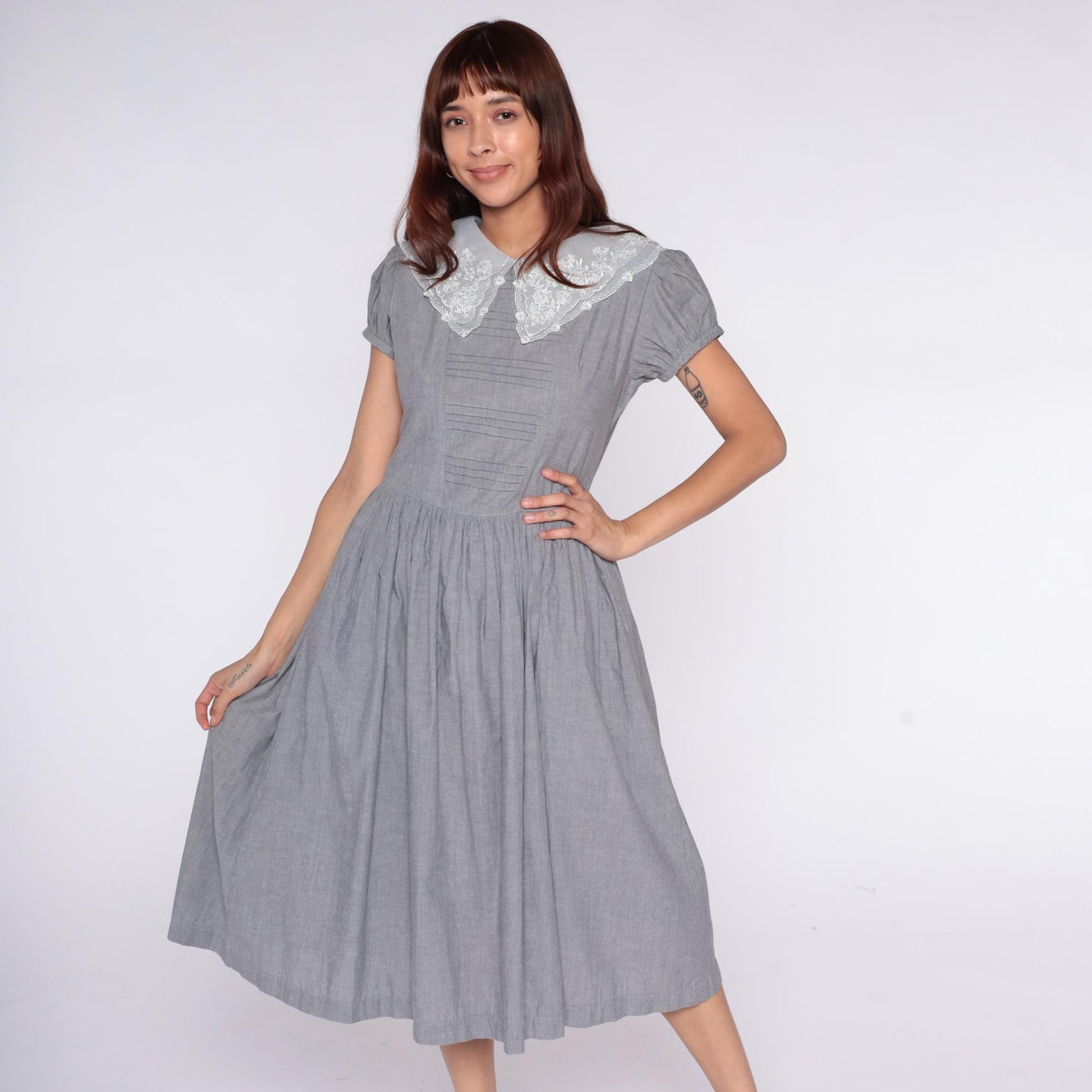80s Grey Maxi Dress White Lace Collar Puff Sleeve Pintuck Medium M
