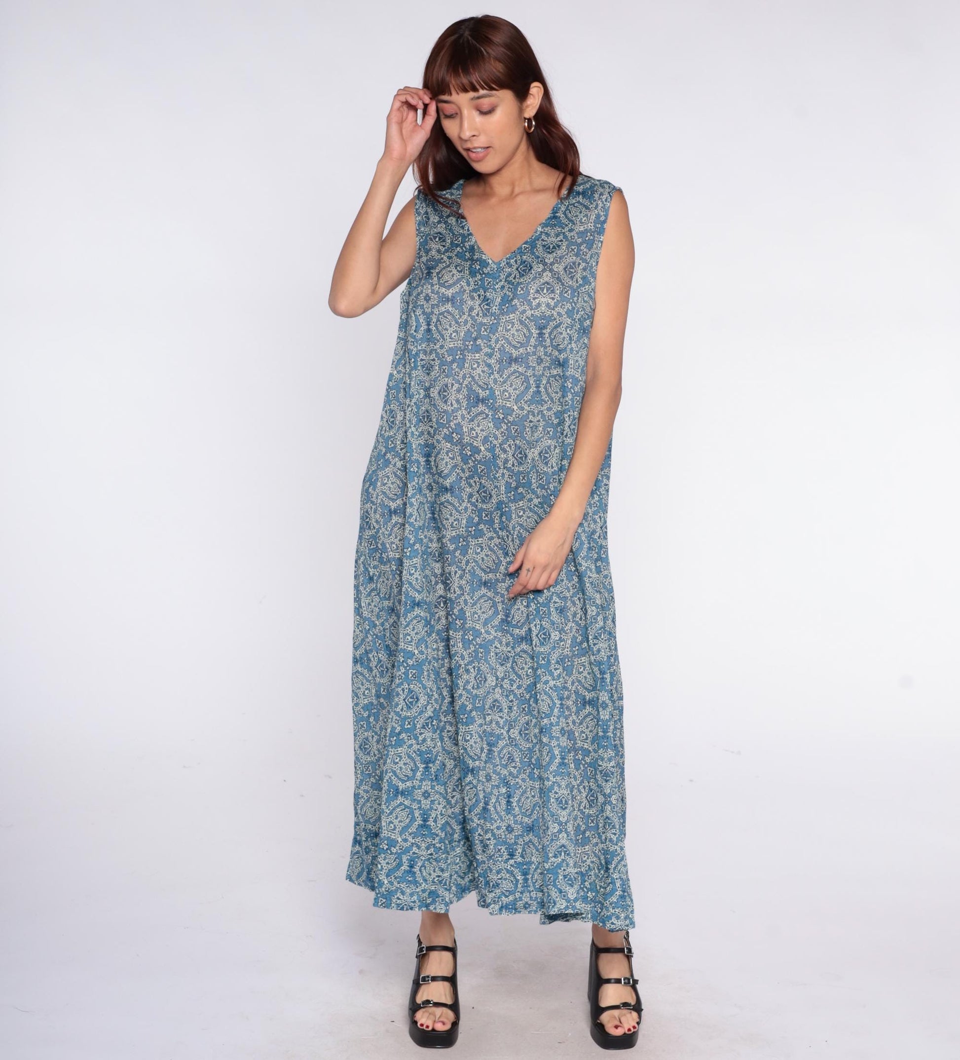 Y2K Coldwater Creek Blue Paisley Maxi Dress Plus Size Cotton V-Neck Sleeveless Extra Extra Large XXL