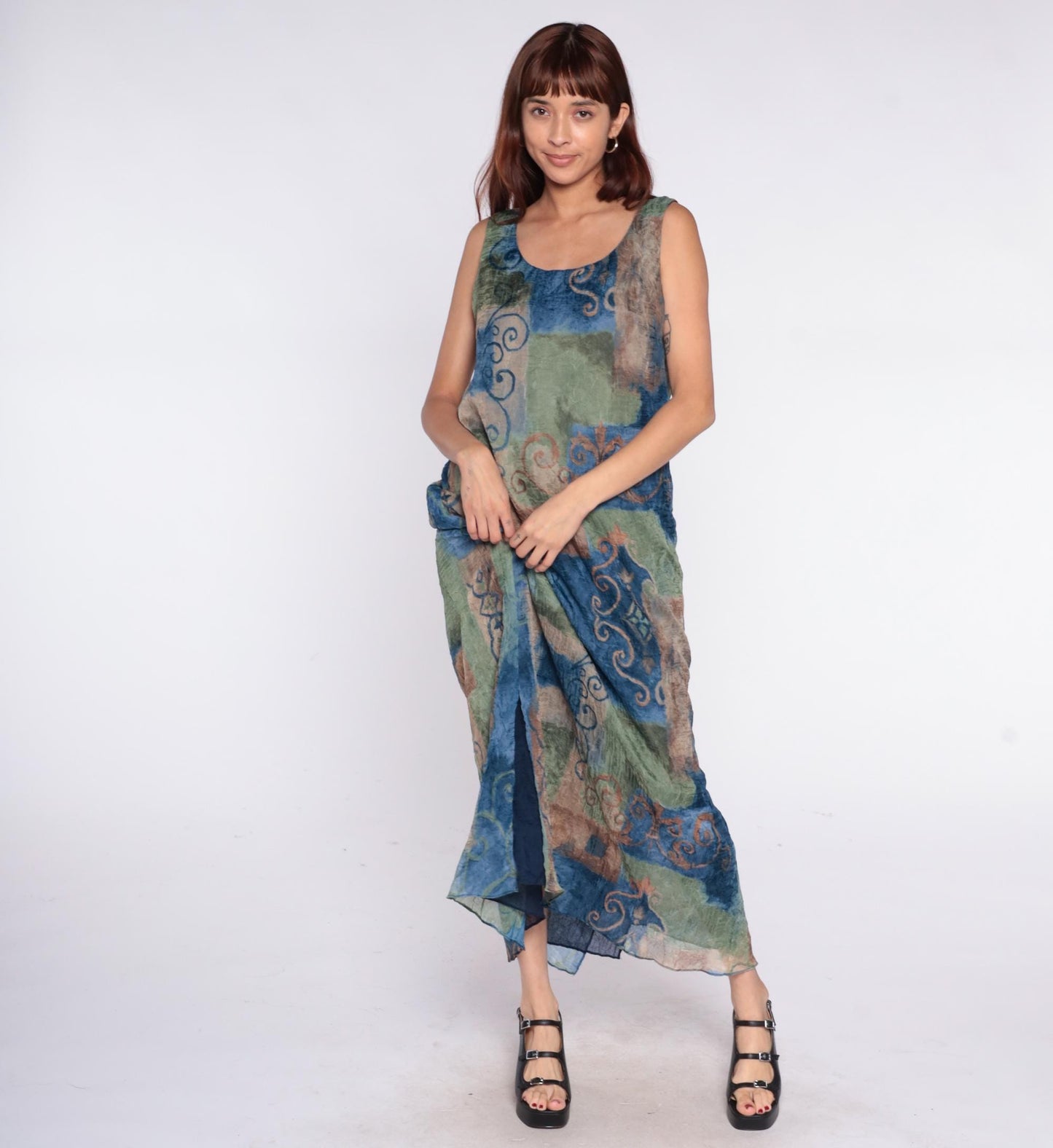 90s Nina Piccaino Patchwork Maxi Dress Sleeveless Blue Green Tan Medium