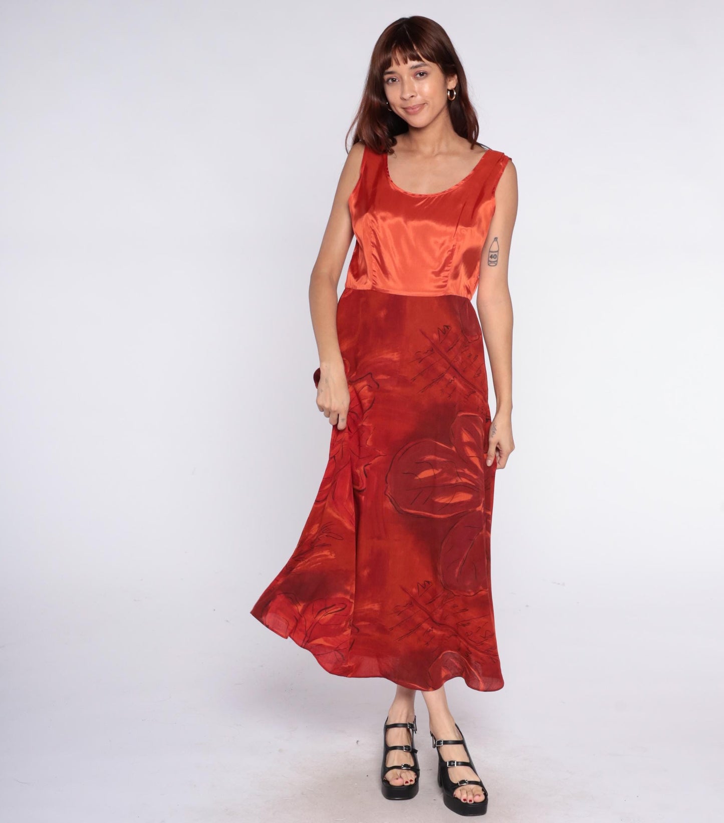 90s Positivity Attitude Red Floral Maxi Dress Sleeveless Rayon Large