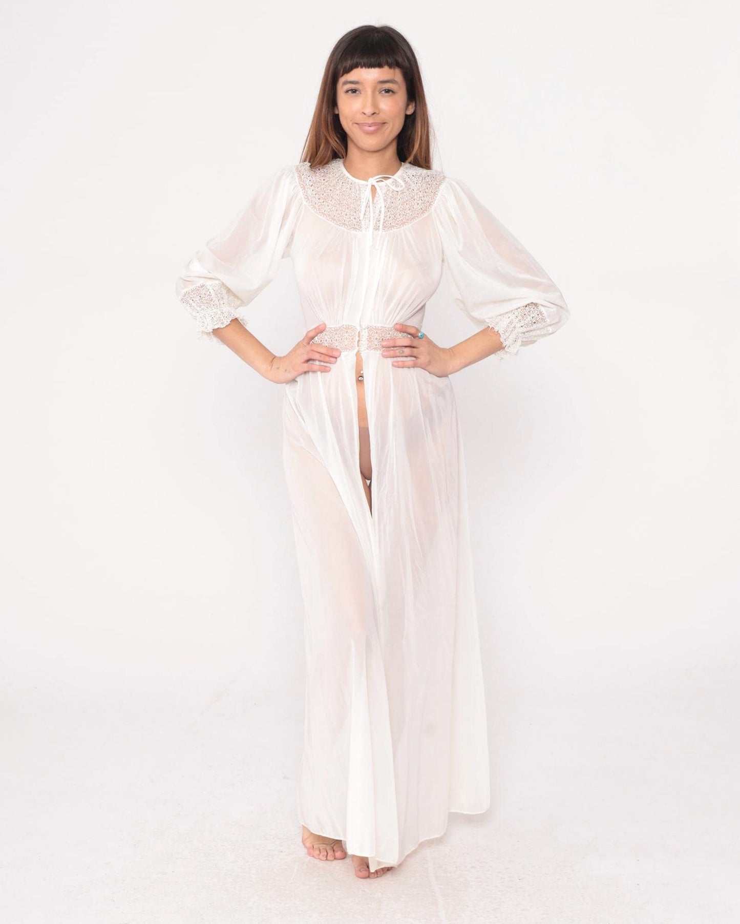 70s Lady Leonora Lace Robe Off-White Nylon Tie-Front Maxi Negligee Small