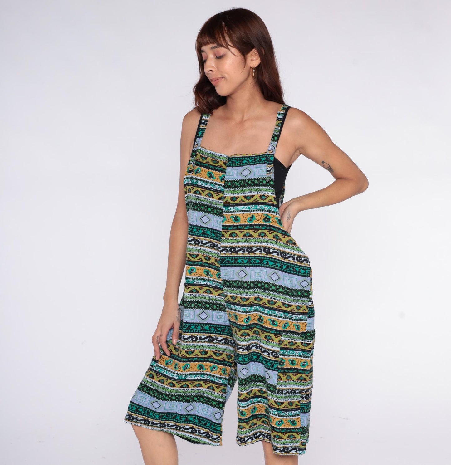 Y2K Striped Sleeveless Romper Geometric Print Teal Orange Mustard Medium
