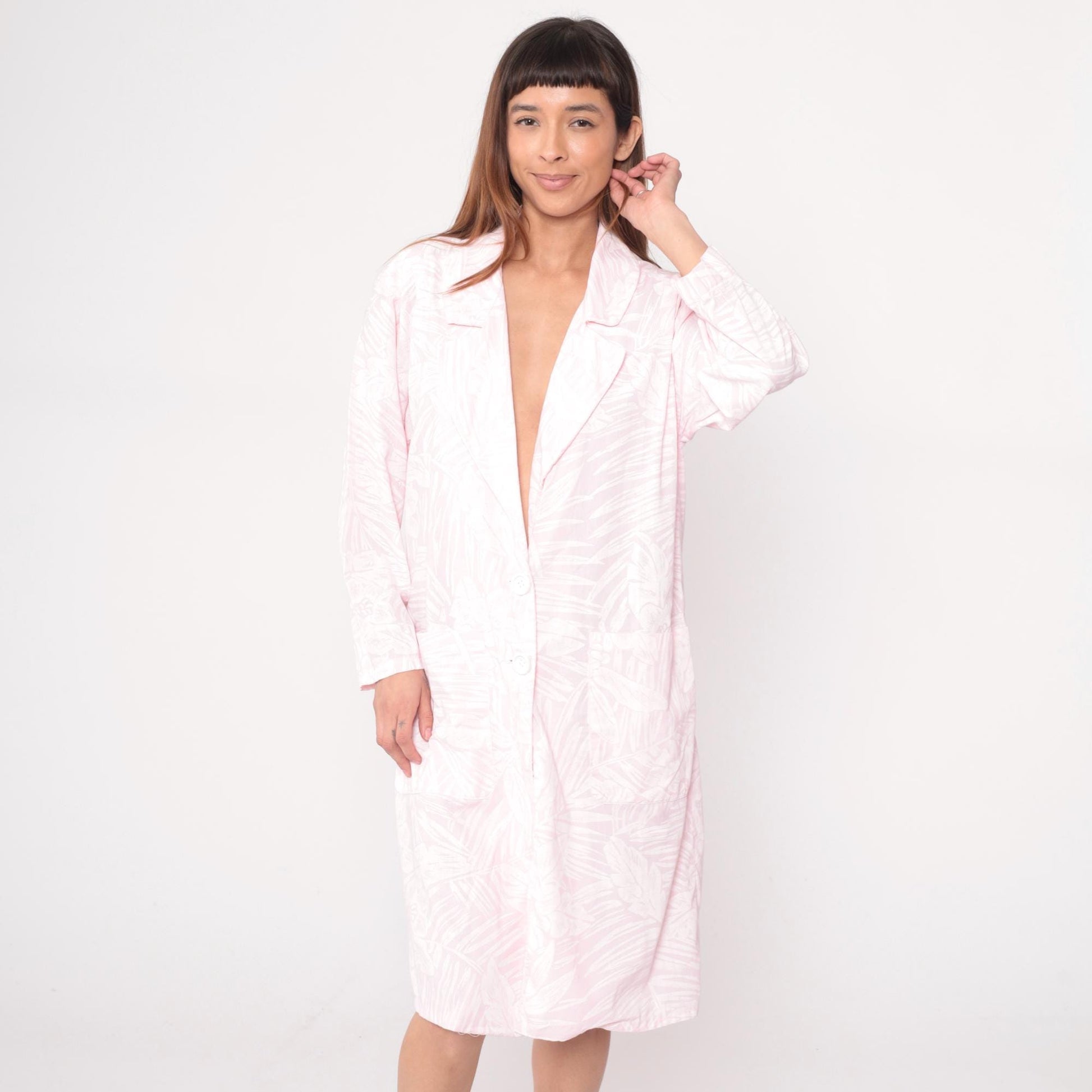 80s Pink Floral Robe Knee-Length Button-Front House Coat Medium