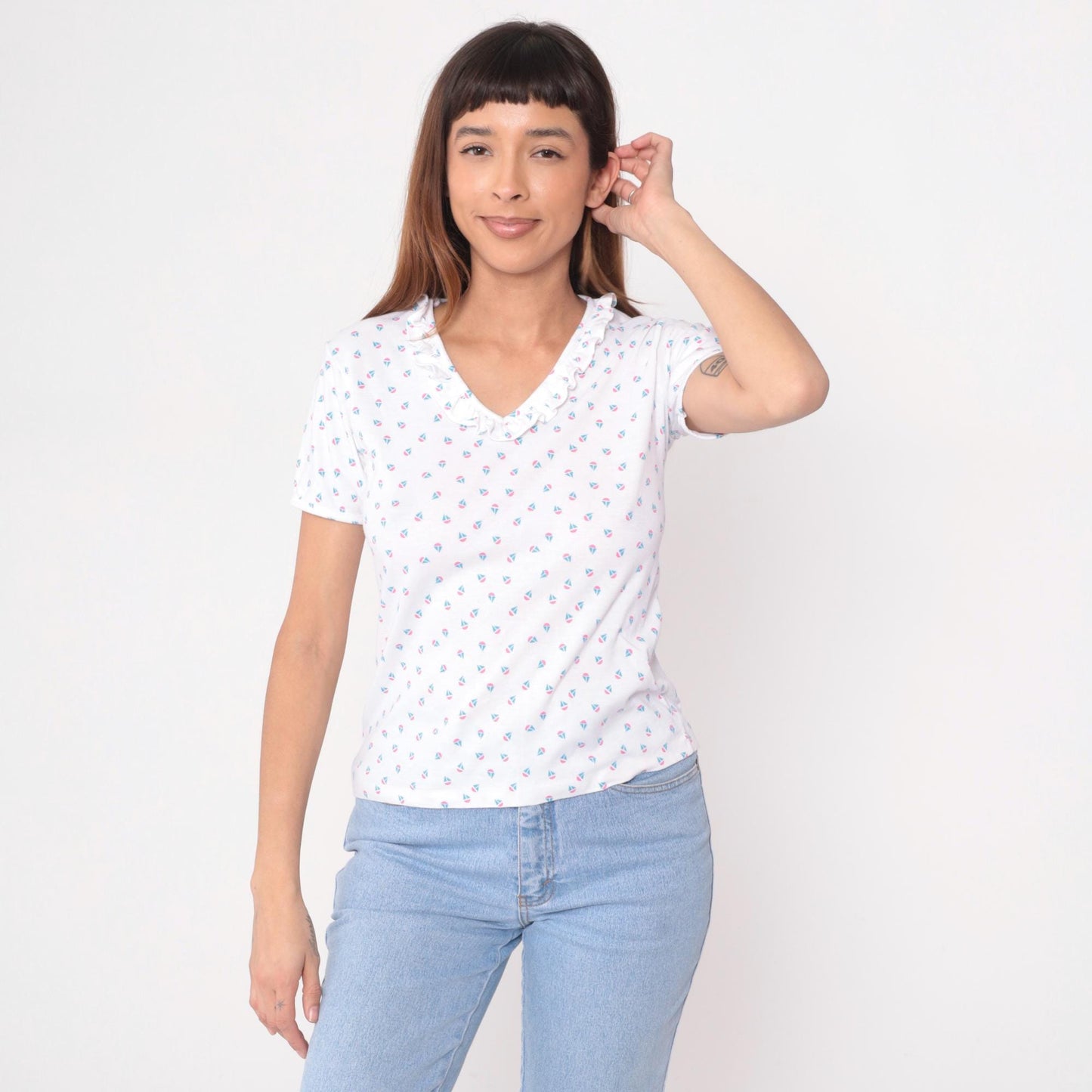 80s Sailboat Print Cotton Blouse Peter Pan Collar White Medium M