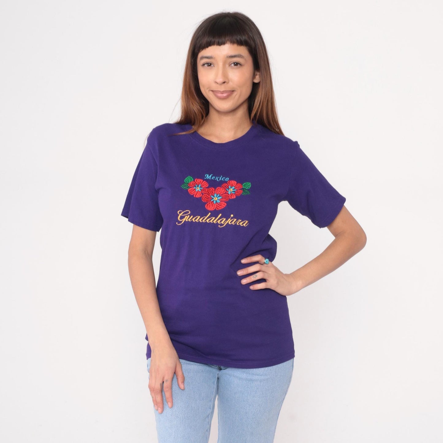 Y2K Yazbek Mexico Guadalajara Embroidered Floral T-Shirt Purple Small S
