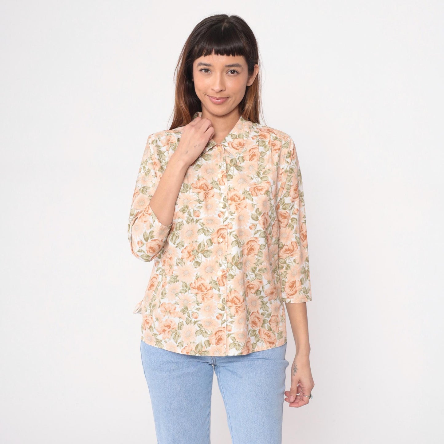 80s Floral Button-Front Blouse Peach Rose Print Cream Notched Collar Medium