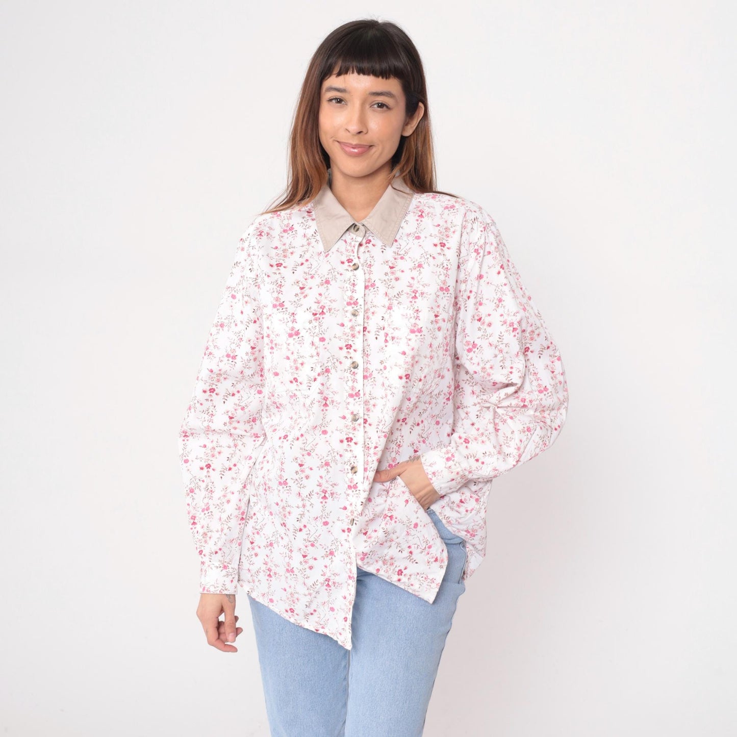 Y2K Cabin Creek Floral Button-Up Blouse White Pink Tan Collar Plus Size XXL