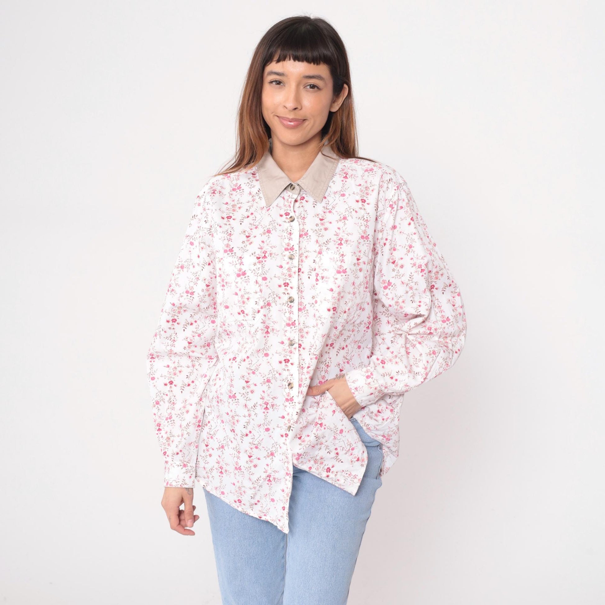 Y2K Cabin Creek Floral Button-Up Blouse White Pink Tan Collar Plus Size XXL
