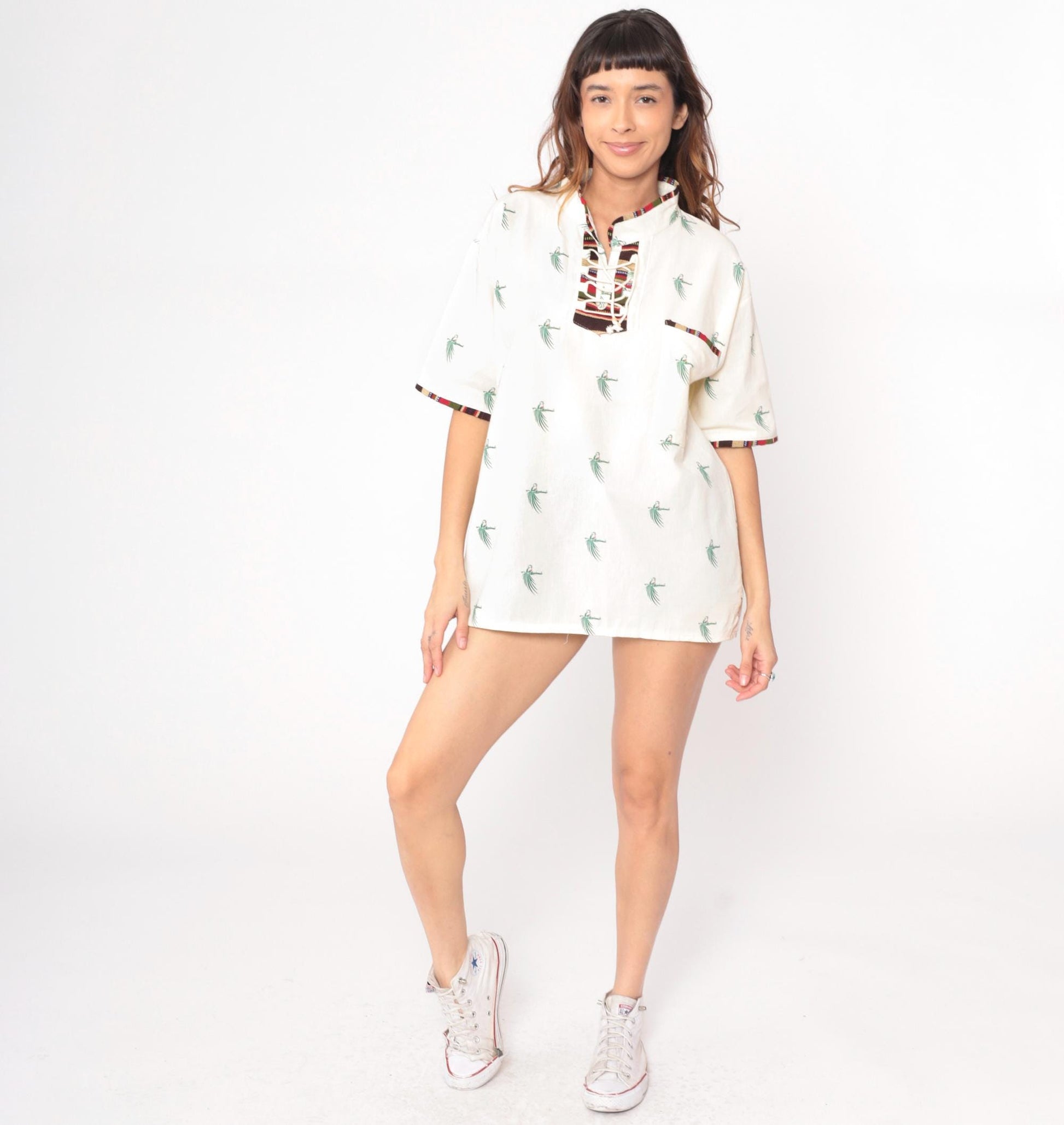 Y2K Guatemala Quetzal Bird Print Lace-Up Tunic Cream Cotton Short Sleeve Large L