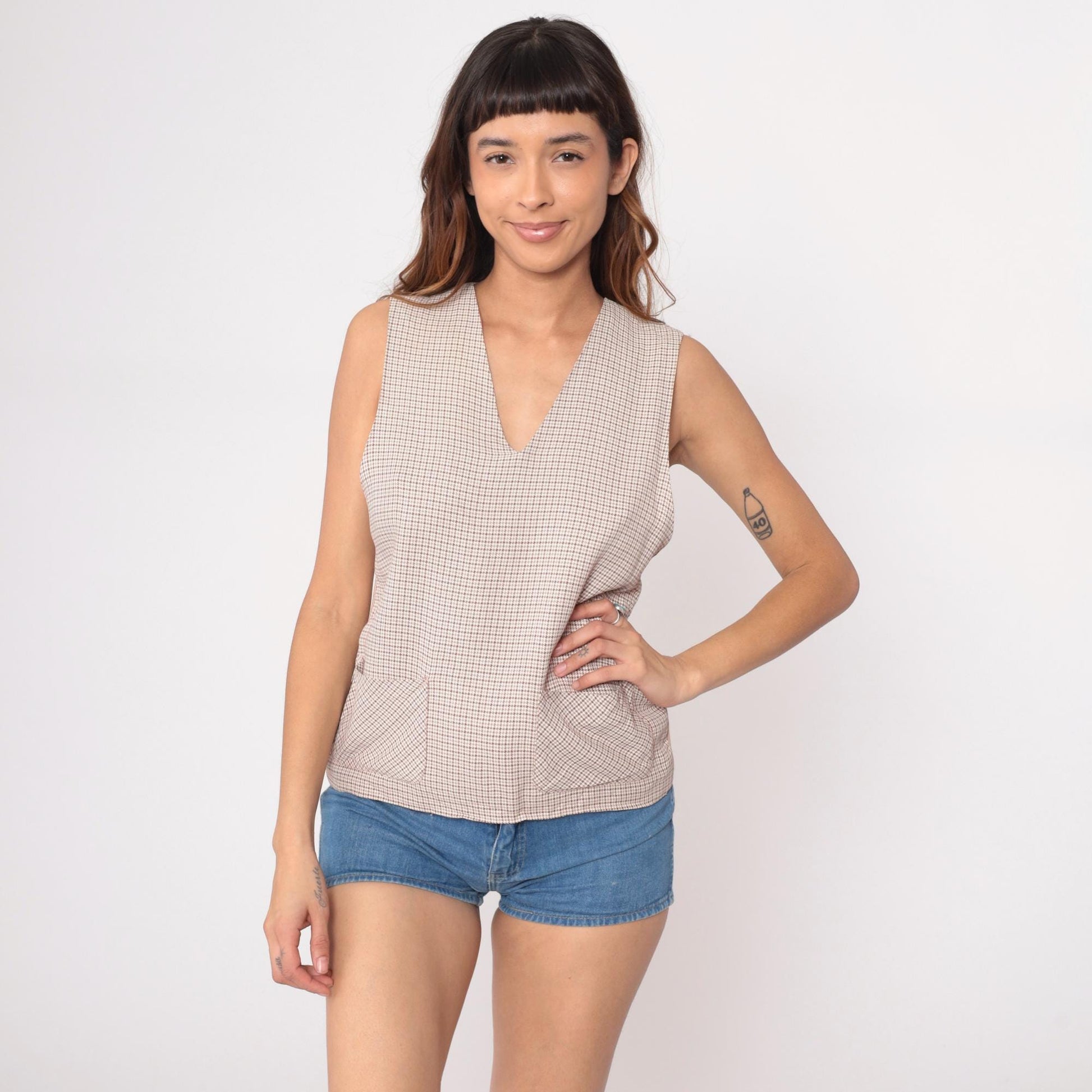 70s Campus Sportswear Cream Ribbed Knit Vest Houndstooth Trim Small