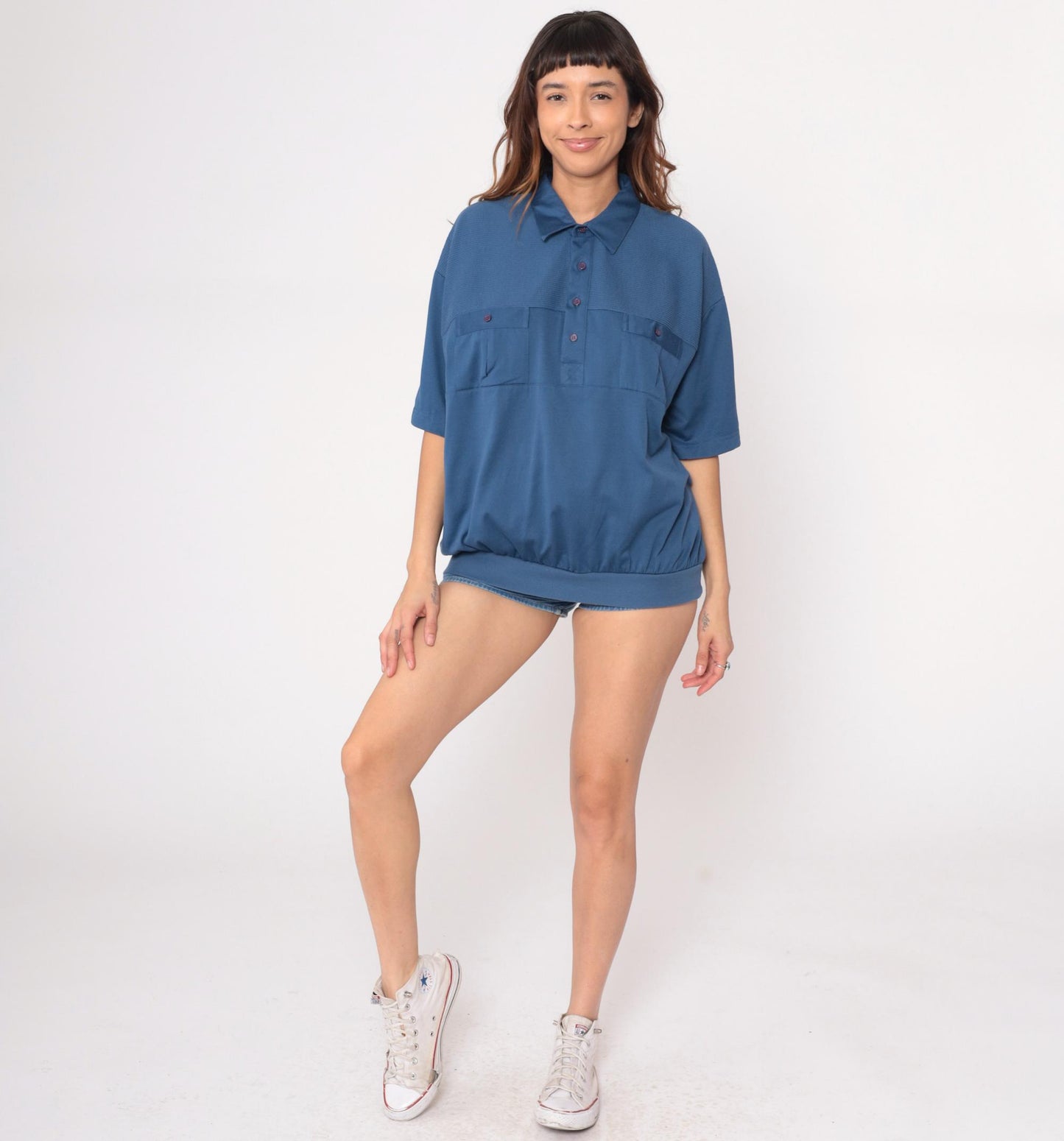 80s Navy Polo Shirt Cotton Blend Waffle Knit Chest Pockets Short Sleeve Large L
