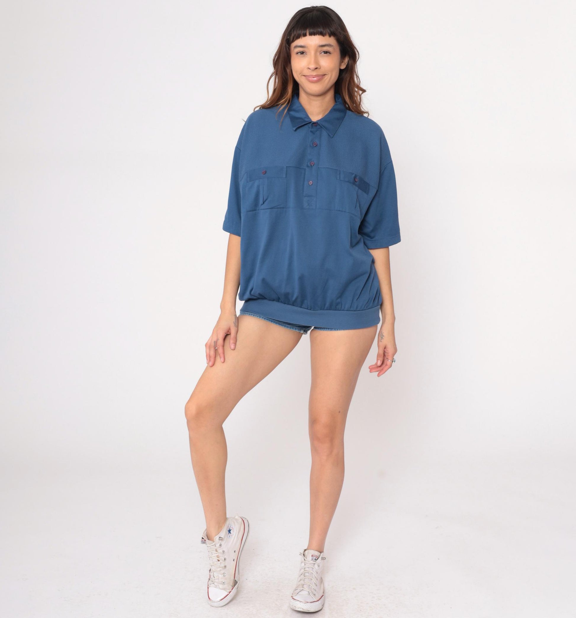 80s Navy Polo Shirt Cotton Blend Waffle Knit Chest Pockets Short Sleeve Large L