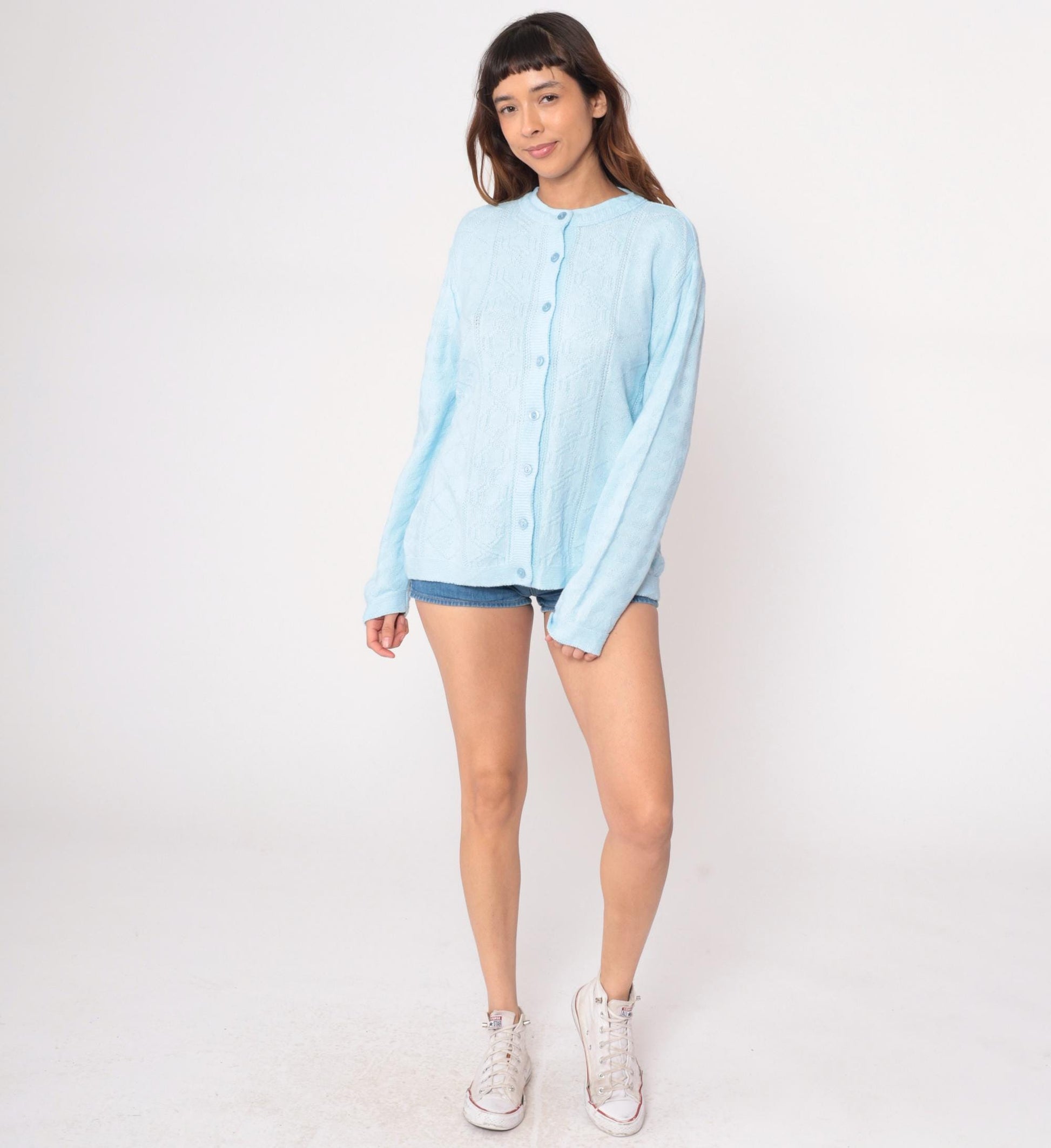 80s Pale Blue Cable Knit Cardigan Button Front Long Sleeve Large L