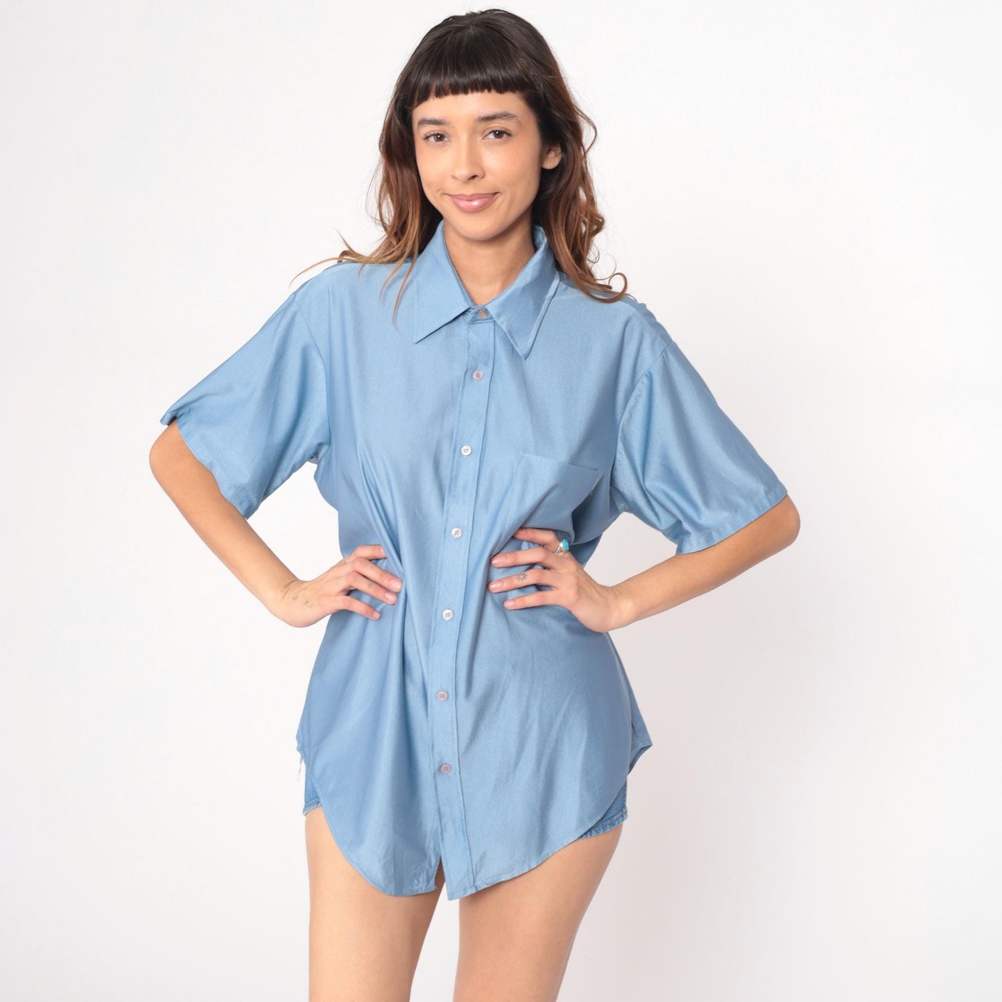 70s Van Heusen Light Blue Button-Front Shirt Short Sleeve Pointed Collar Extra Large