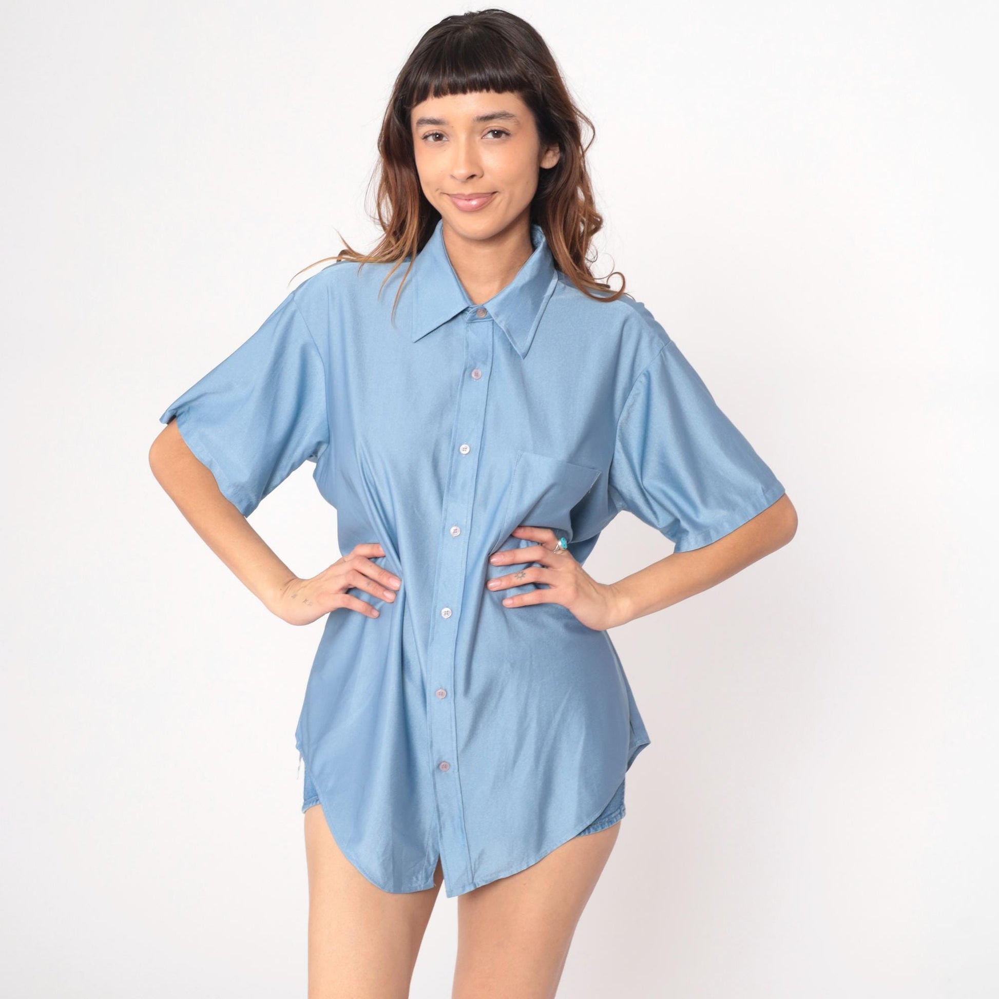 70s Van Heusen Light Blue Button-Front Shirt Short Sleeve Pointed Collar Extra Large