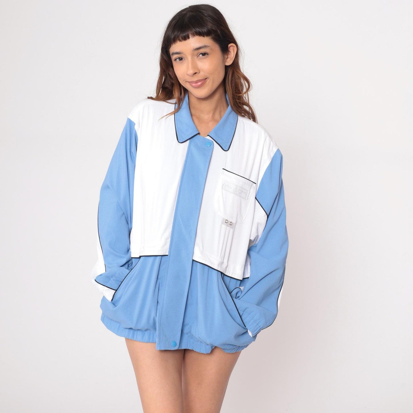 90s Alfred Dunner Color Block Windbreaker Blue White Geometric Jacket Large