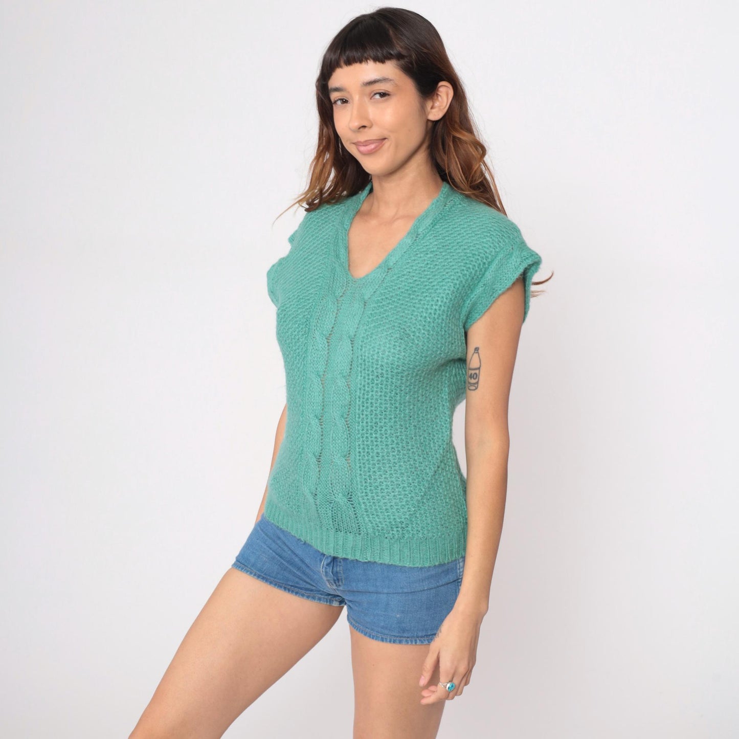 80s Lady Van Huesen Mint Green Cable Knit Sweater Vest V-Neck Small